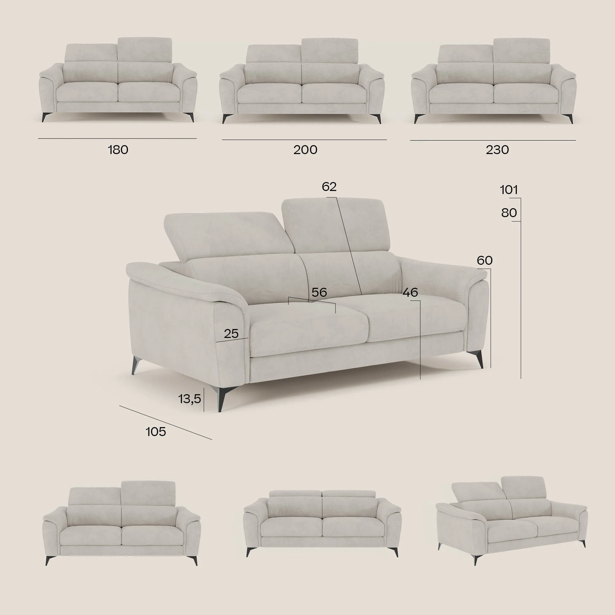 Arcos Canapé 3 places - pieds hauts et têtières inclinables en microfibre imperméable T11 gris clair - Image 16