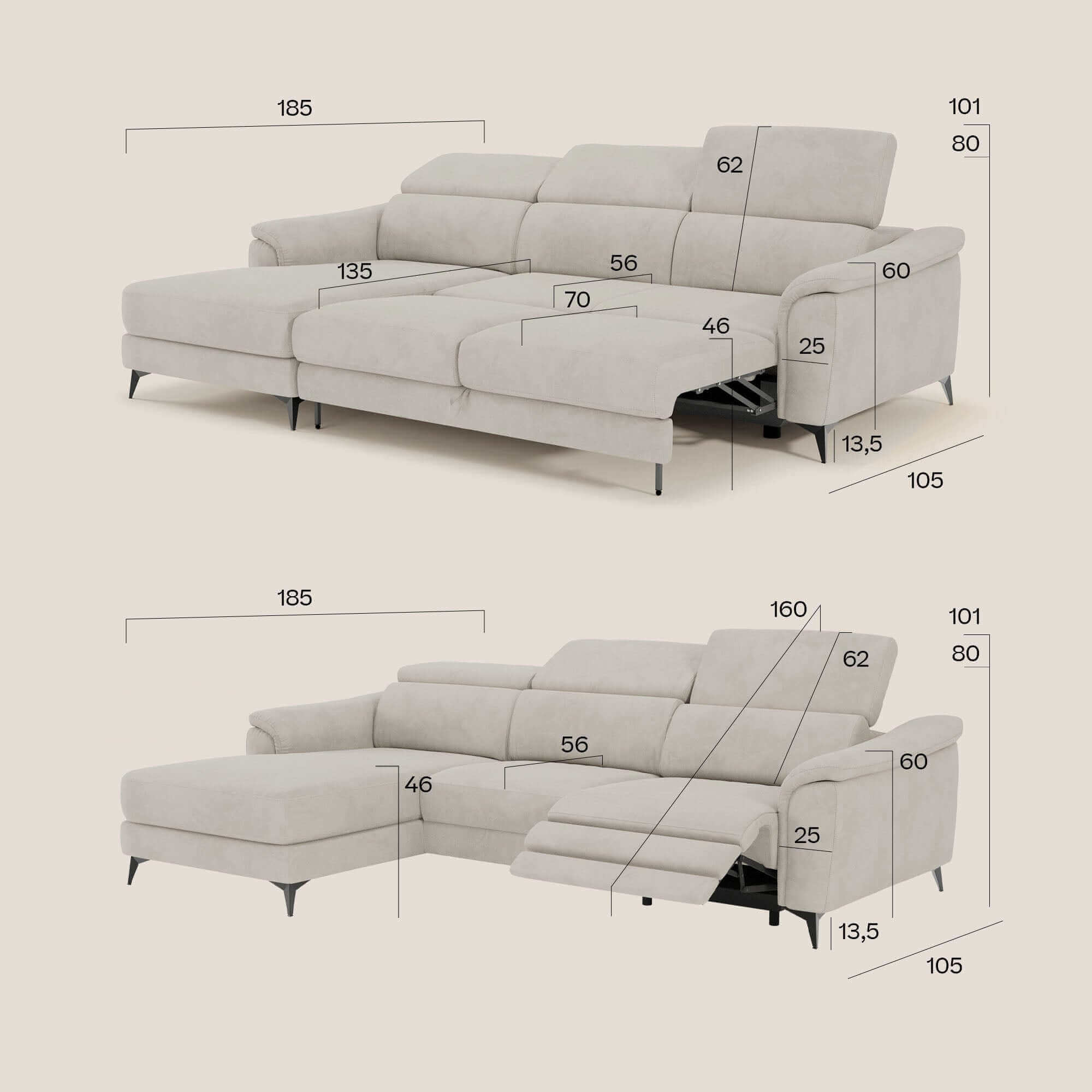 Arcos Canapé avec méridienne - pieds hauts et têtières inclinables en microfibre imperméable T11 crème - Image 17