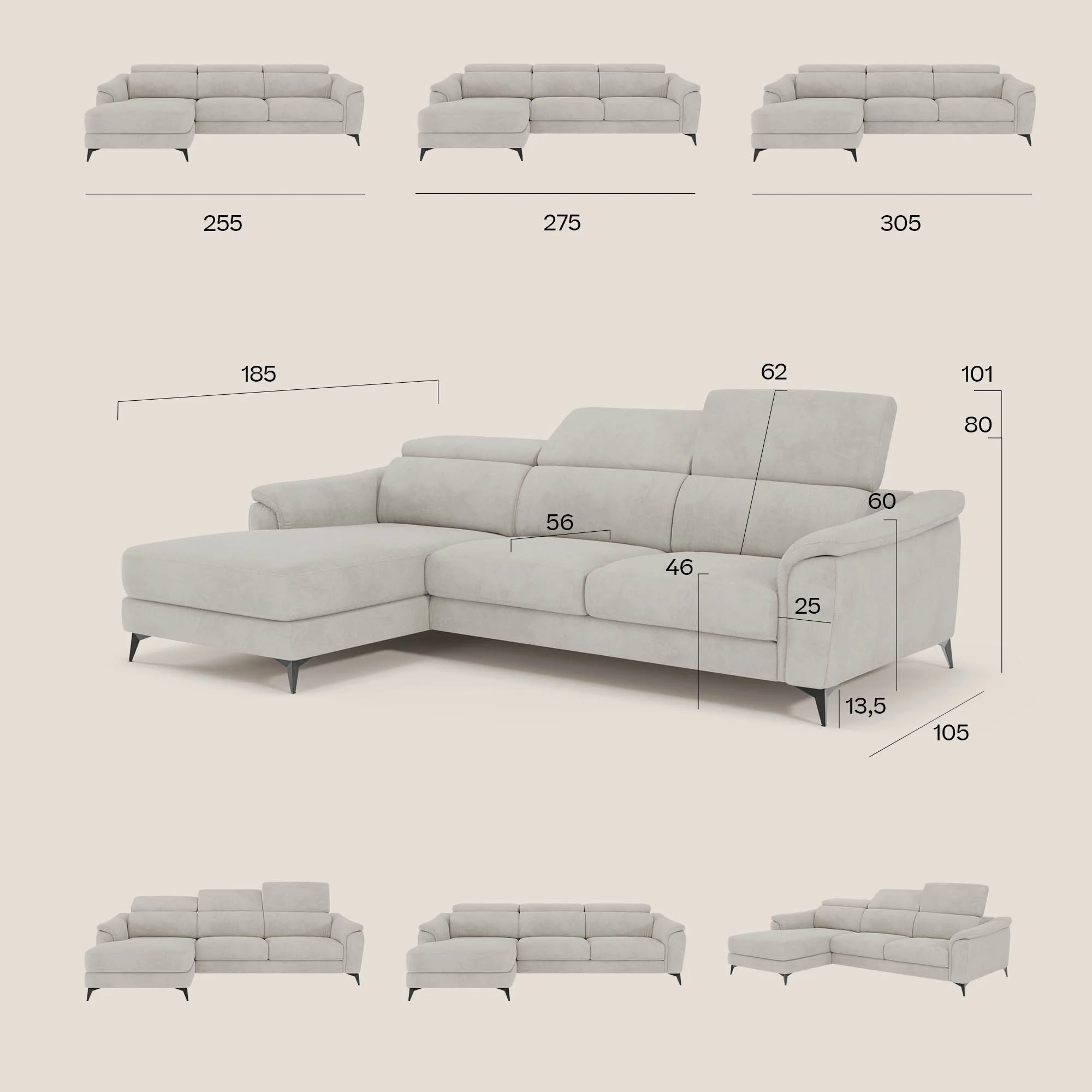 Arcos Canapé avec méridienne - pieds hauts et têtières inclinables en microfibre imperméable T11 beige - Image 16