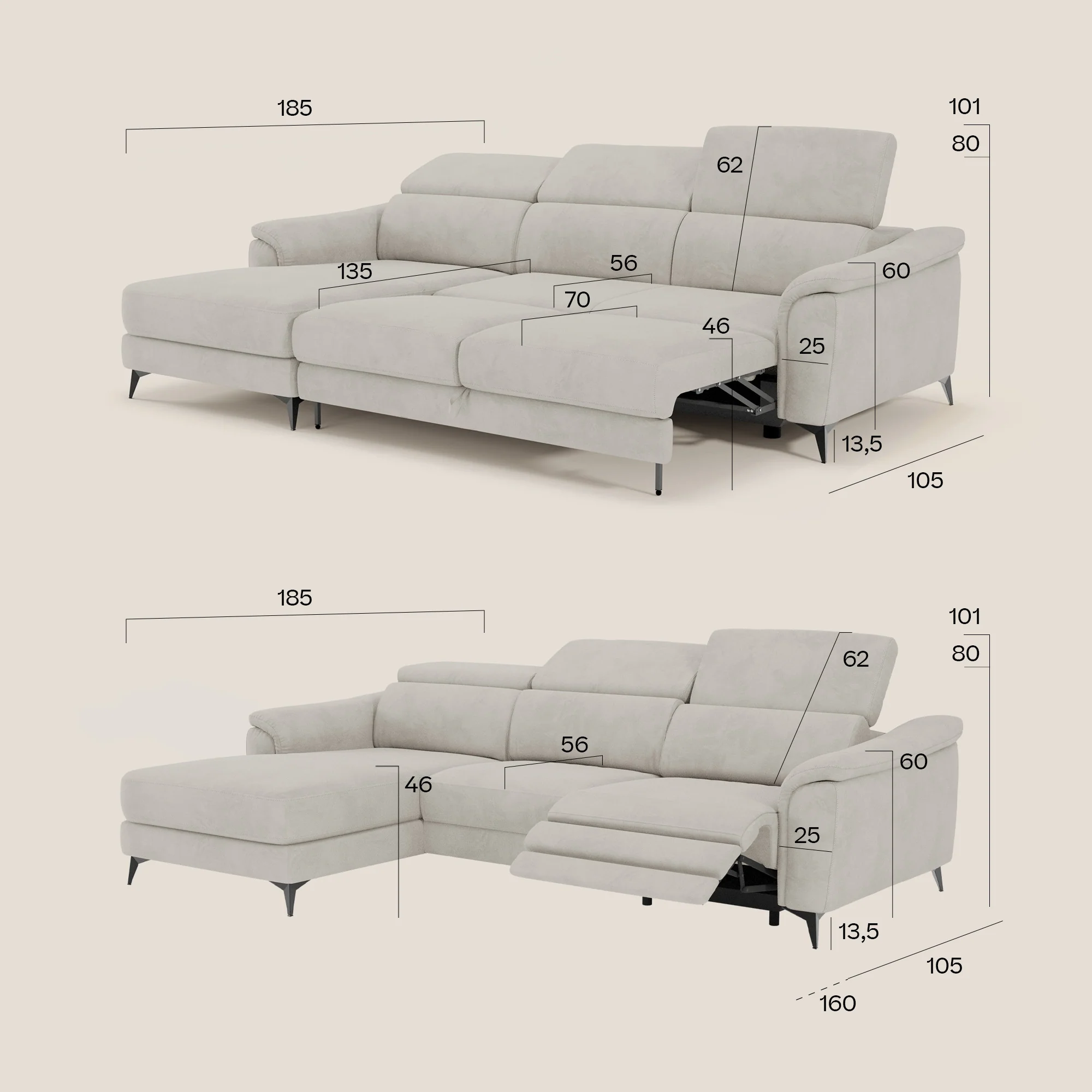 Arcos Canapé avec méridienne - pieds hauts et têtières inclinables en microfibre imperméable T11 beige - Image 17