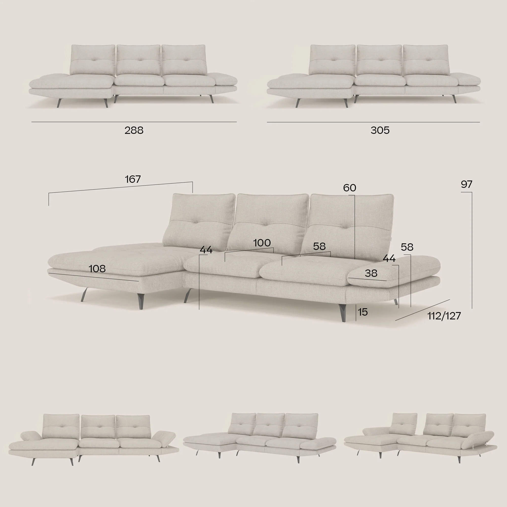 Ardex Canapé avec méridienne - dossiers coulissants et accoudoirs réglables en élégant tissu imperméable T06 taupe - Image 14