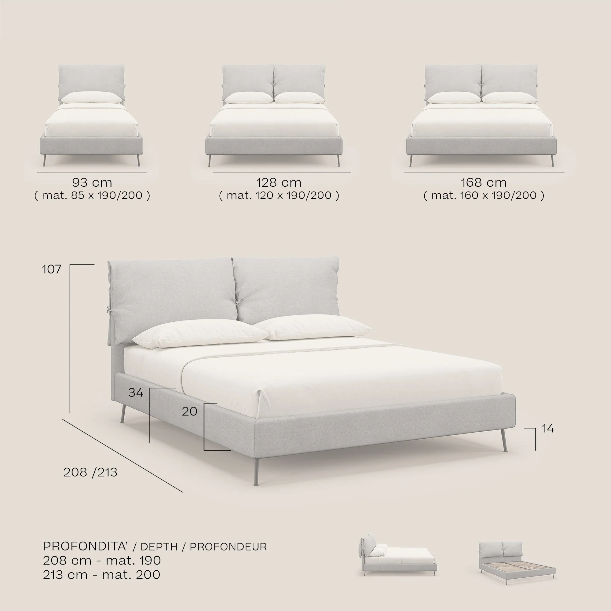Artemisia lit rembourré avec pieds hauts déhoussable en tissu détachable T17 marron - Image 9