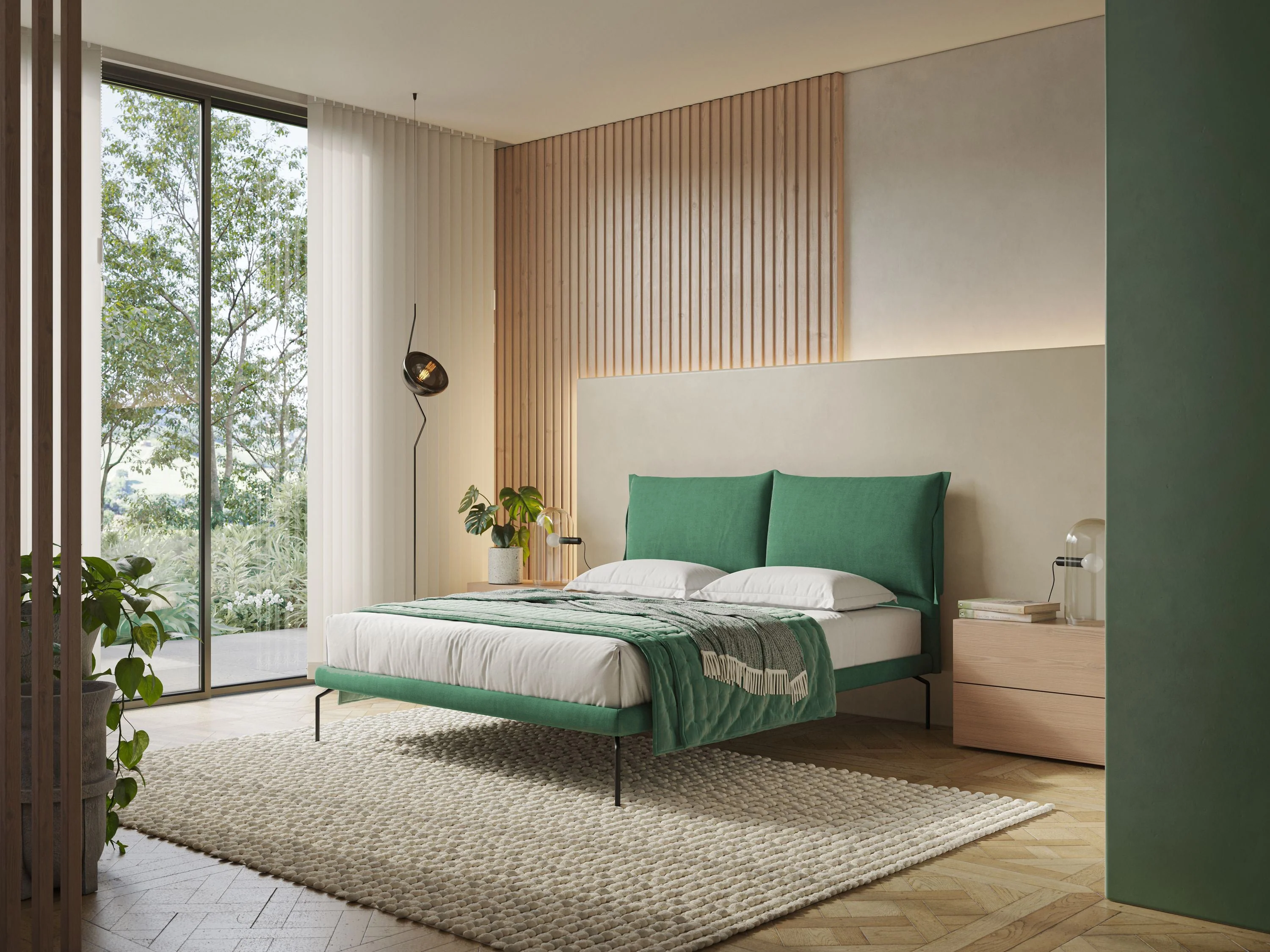 Bice lit rembourré avec coussins et pieds noirs en métal en tissu imperméable T02 vert - Image 2