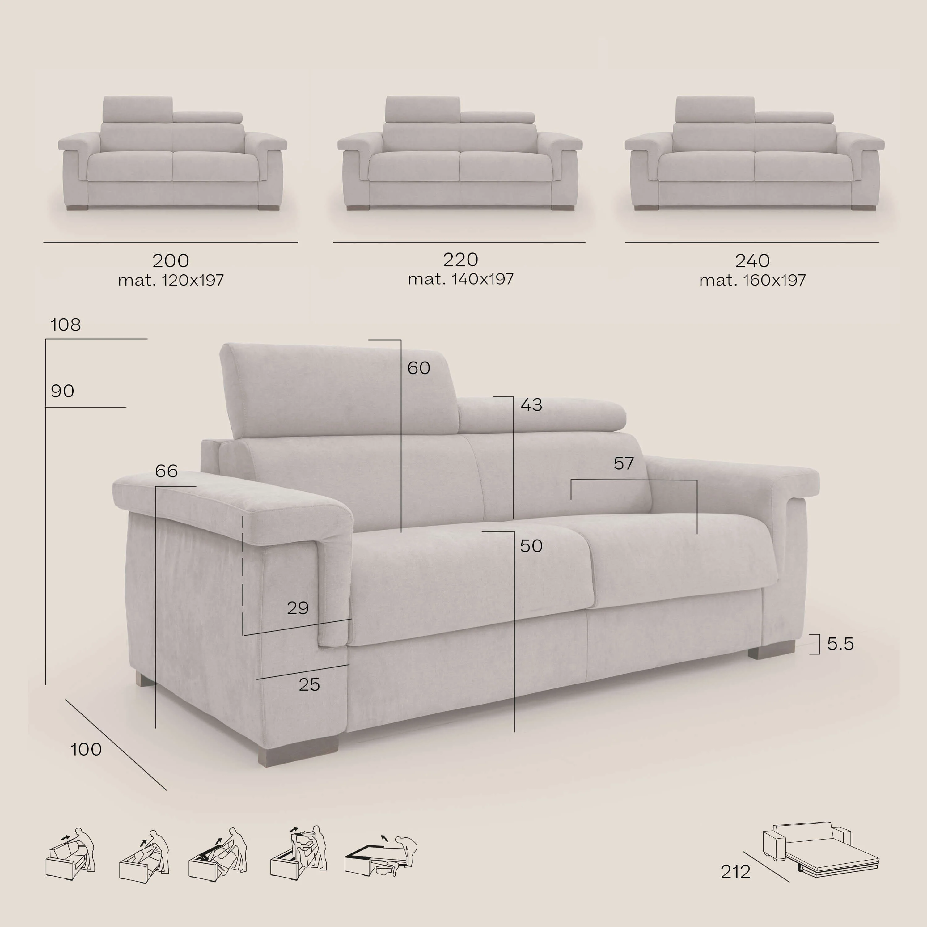 Bjorn Canapé convertible avec matelas H 18cm et têtières réglables en tissu imperméable T02 beige - Image 13