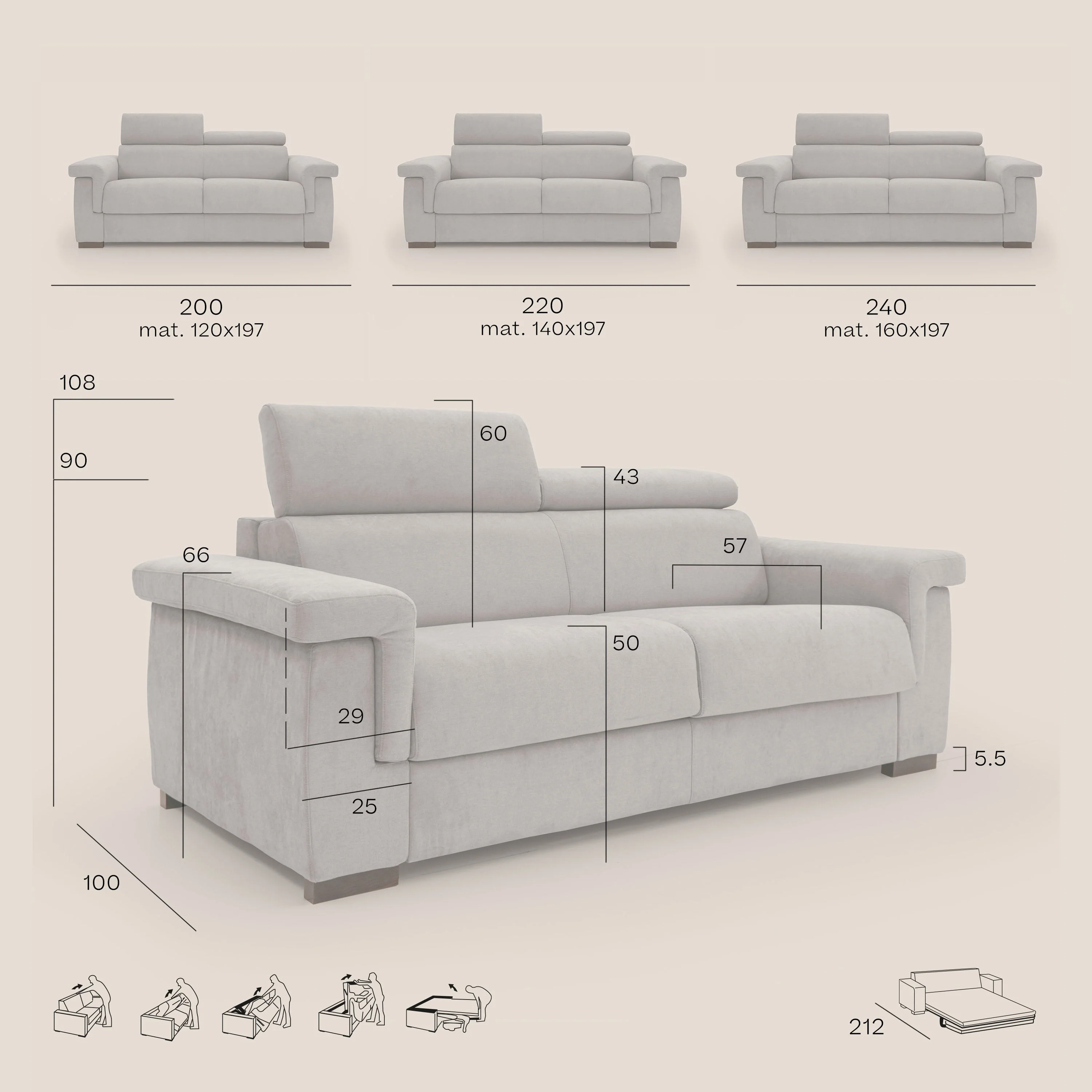 Bjorn Canapé convertible avec matelas H 18cm et têtières réglables en tissu imperméable T02 gris clair - Image 13