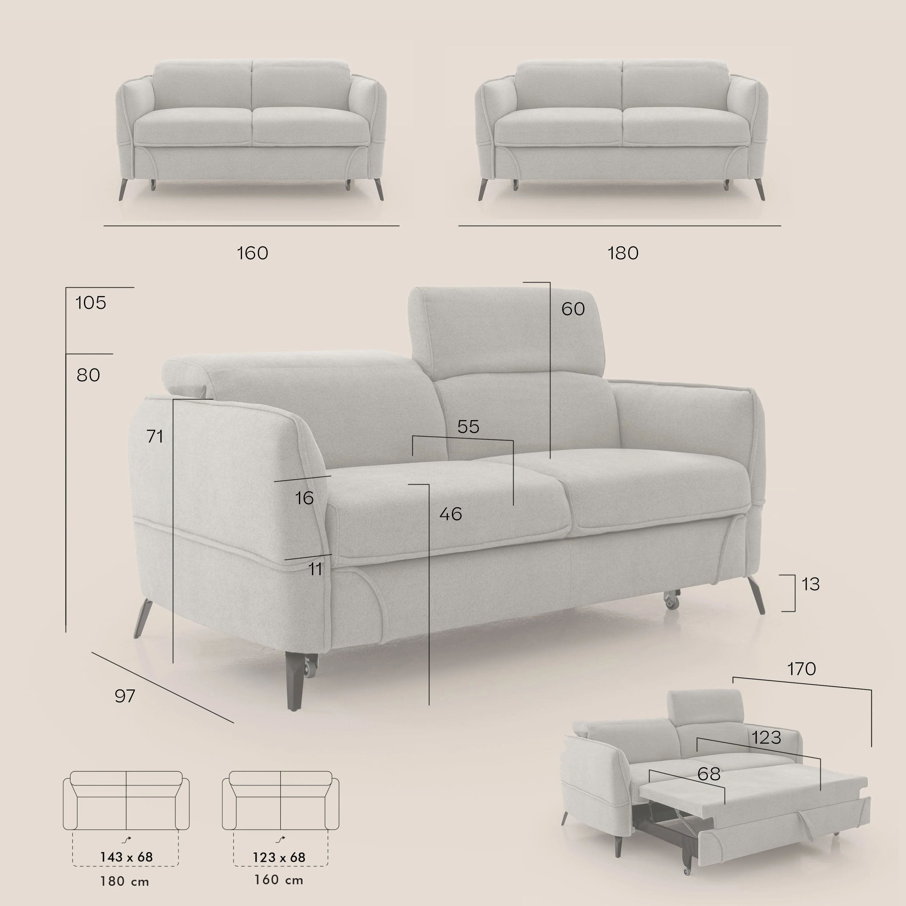 Bloom canapé avec repose-pieds extractible pieds hauts et têtières réglables en bouclette imperméable T07 orange - Image 13