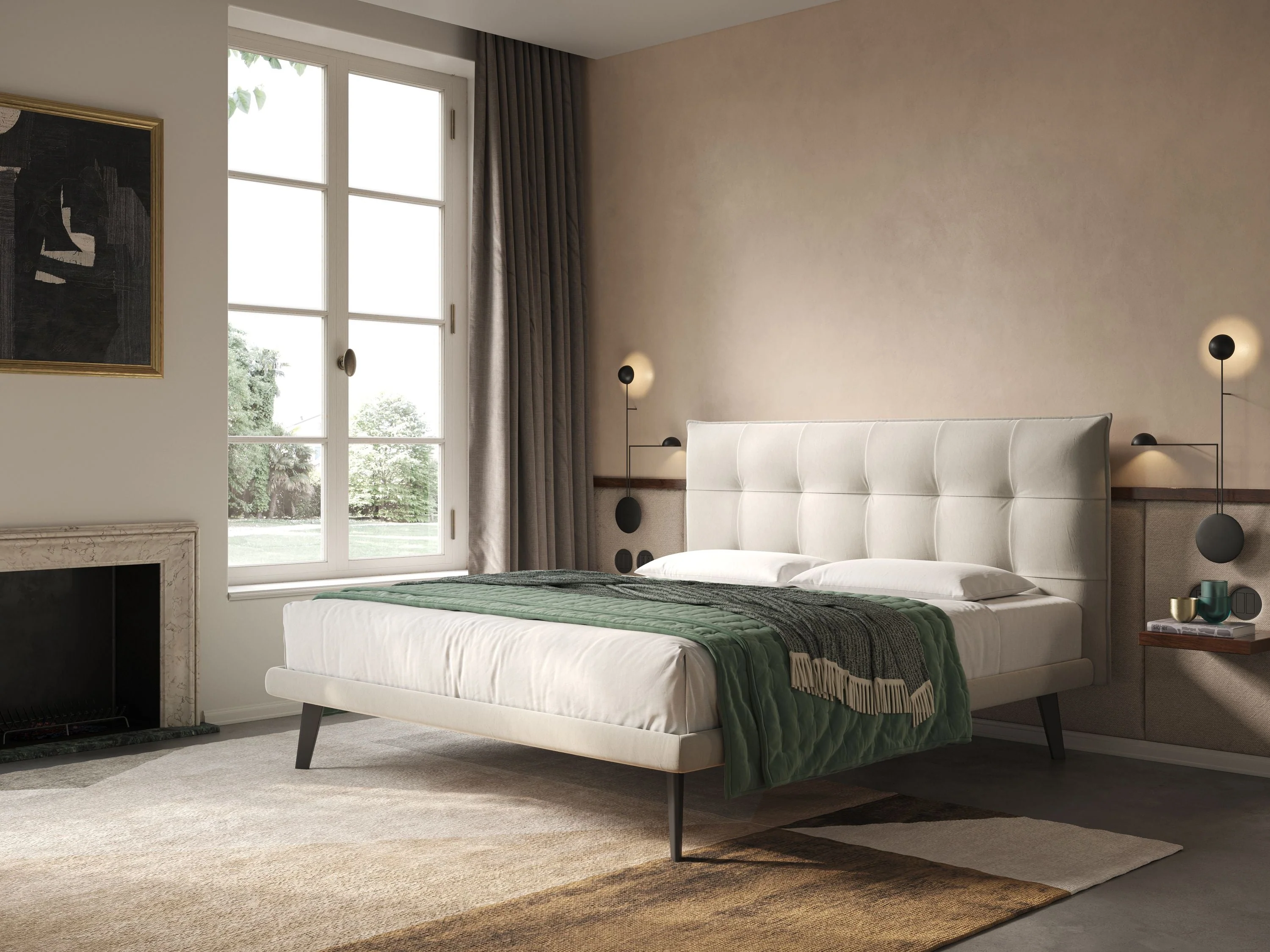 Brigitte lit avec tête de lit matelassée pieds hauts foncés et tissu imperméable T09 crème - Image 2