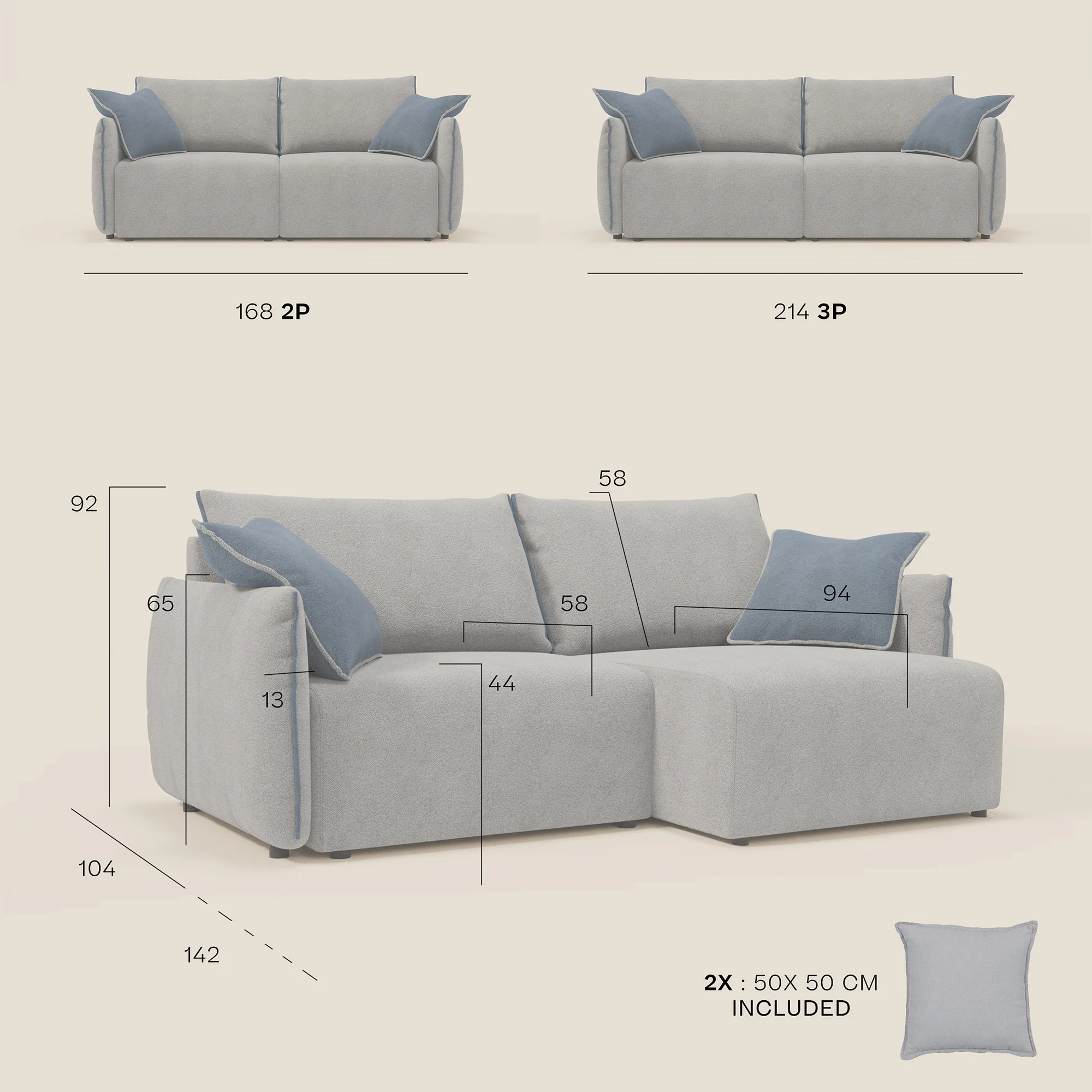 Flexar Canapé  avec assises coulissantes et dossier en duvet en bouclette douce et imperméable T07 Gris - bleu - Image 12