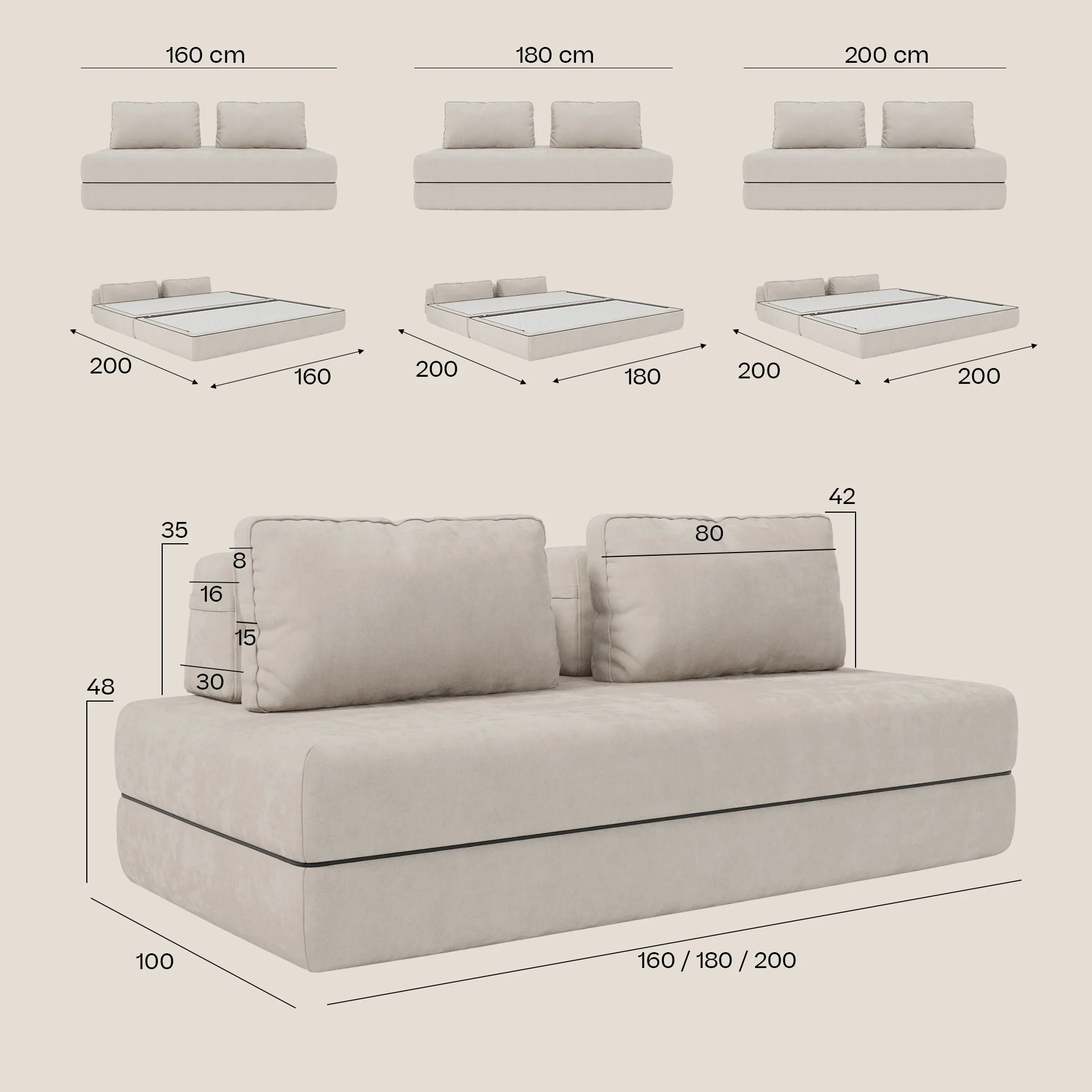 Rift Canapé-lit double à 2 et 3 places avec dossiers amovibles - matelas de 22 cm d'épaisseur en mousse à mémoire de forme T31 - Image 47
