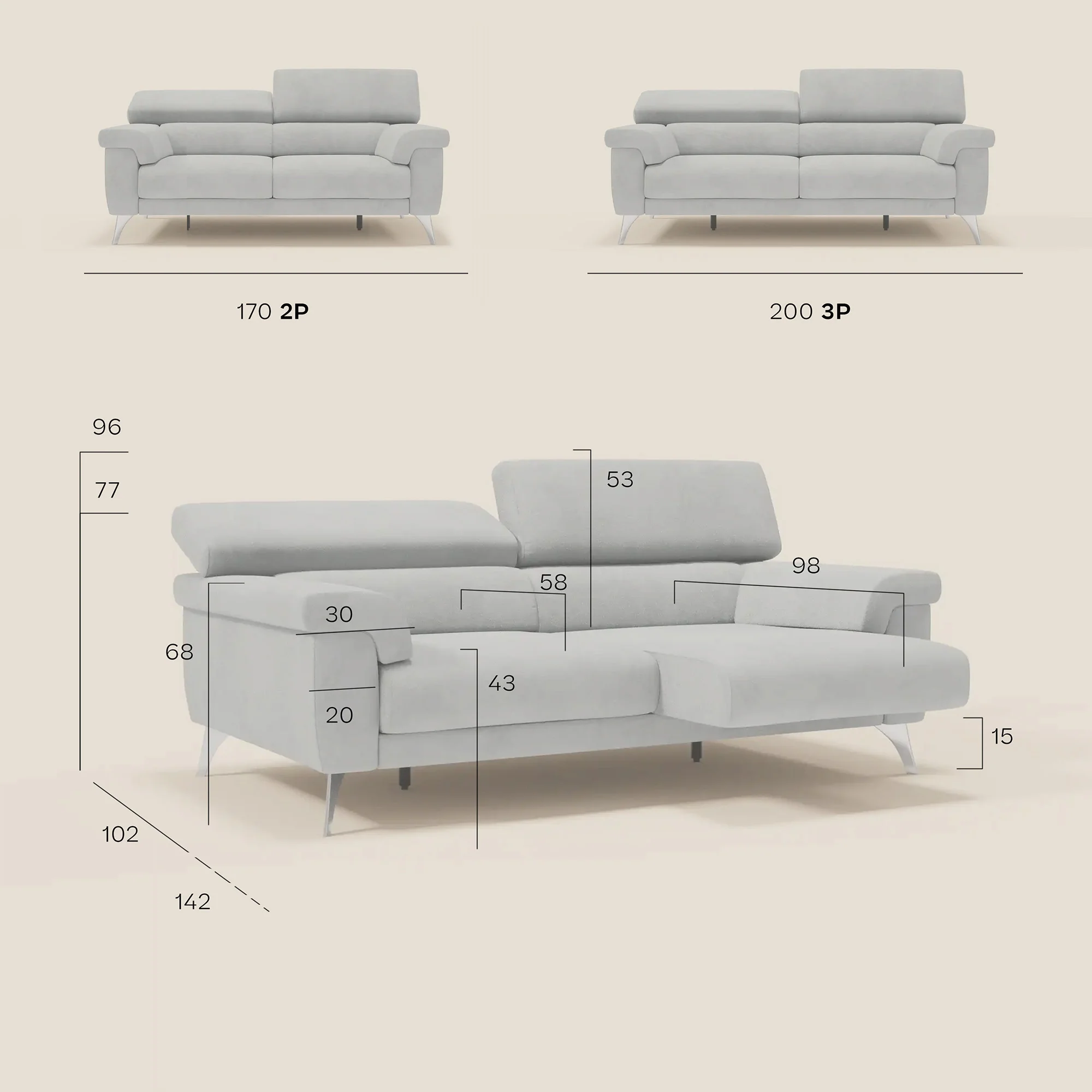 Raffaello Canapé  avec assises coulissantes et têtières inclinables en microfibre détachable T11 crème - Image 11
