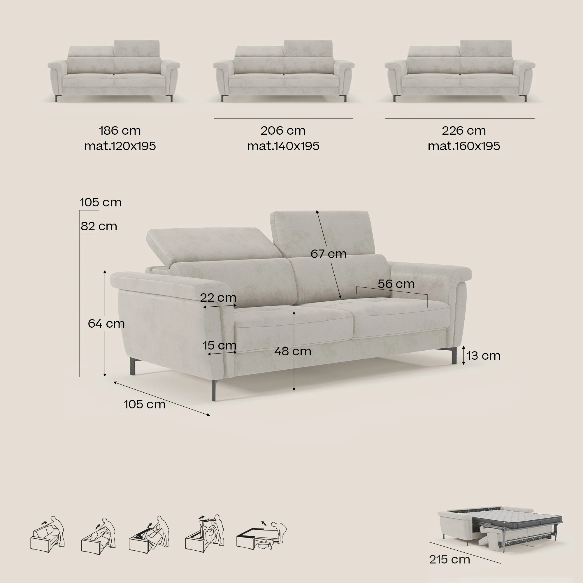Capri canapé convertible design avec pieds hauts - têtières réglables en tissu raffiné effet velours détachable T30 - Image 198