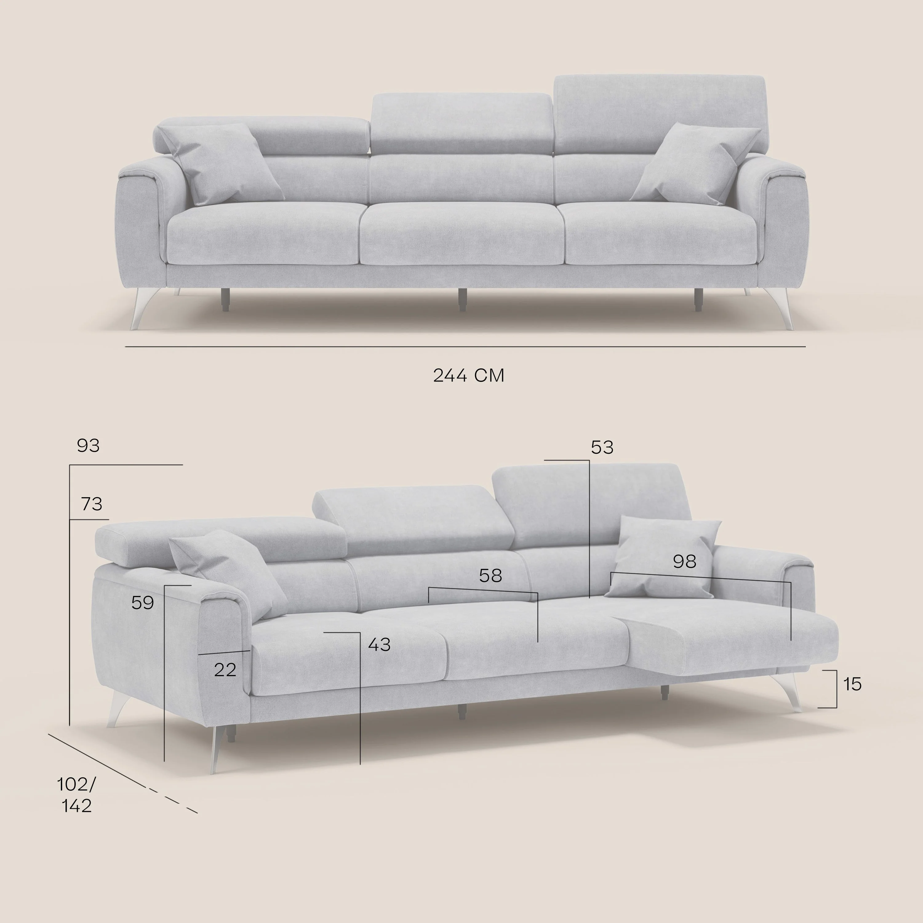 Caravaggio canapé 3 assises extensibles et têtières réglables en tissu imperméable T02 gris clair - Image 12