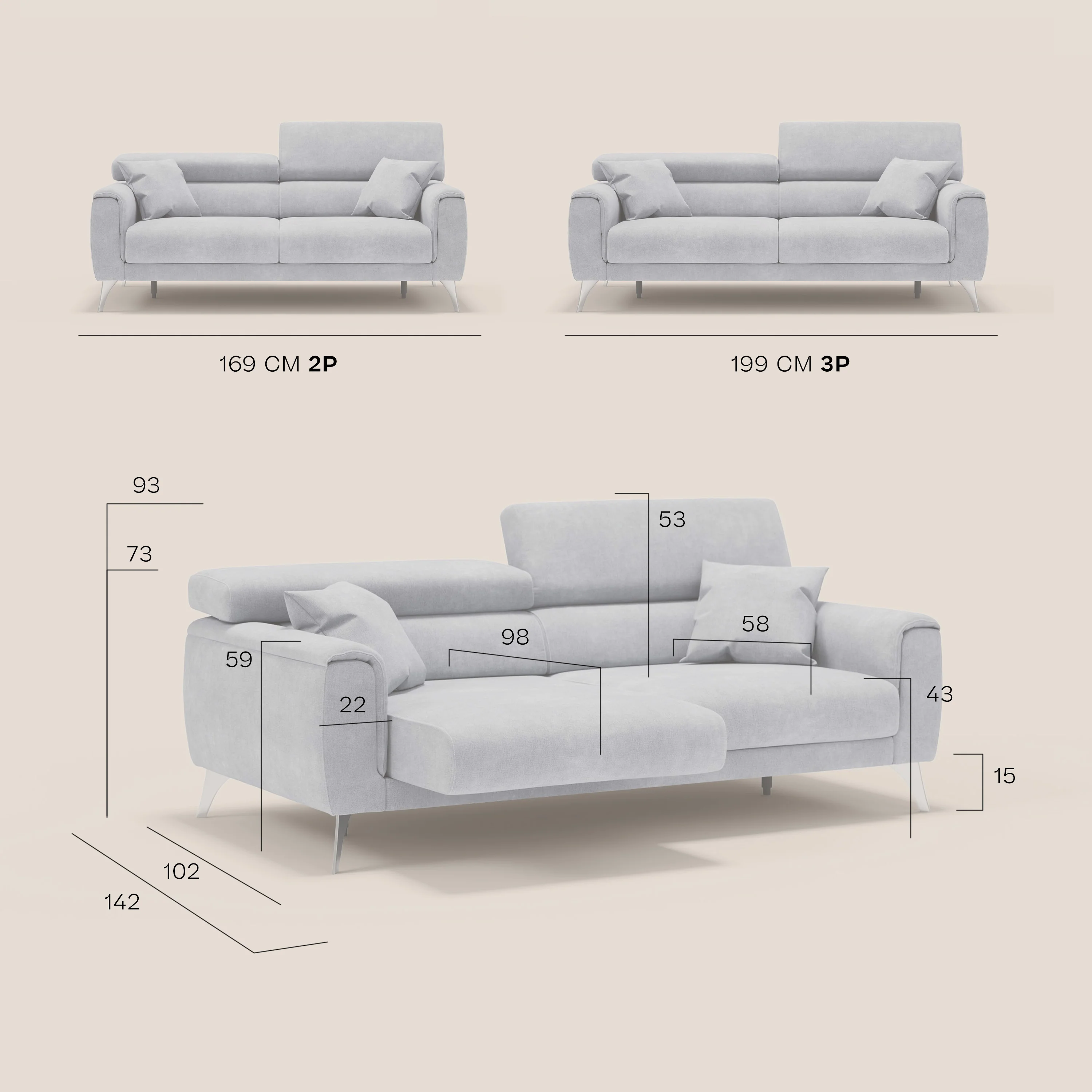 Caravaggio Canapé avec assises extensibles et têtières réglables en tissu imperméable T02 rose - Image 12