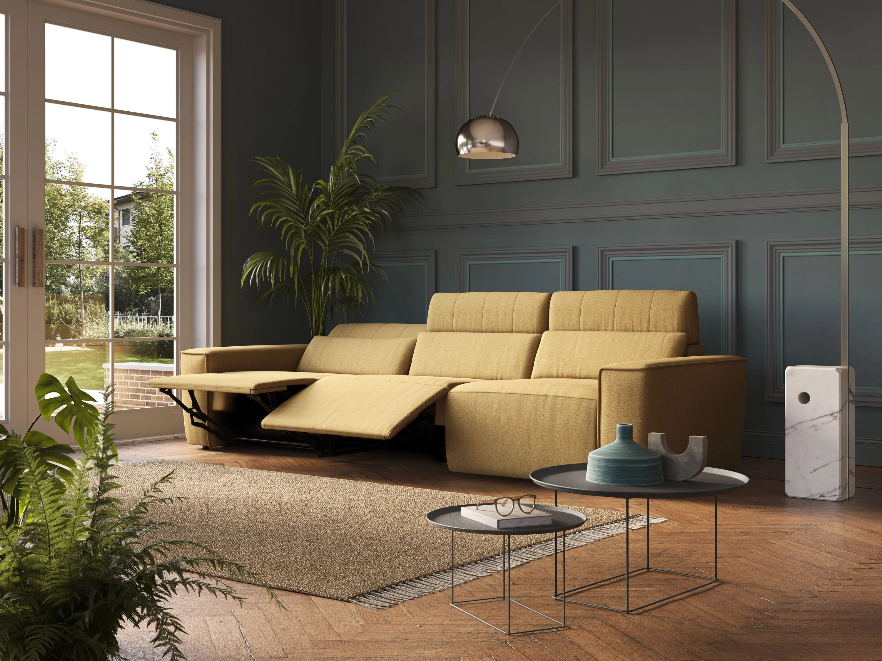 Clark Canapé modulable avec 3 assises et avec option relax électrique en tissu imperméable et détachable T17 jaune - Image 2