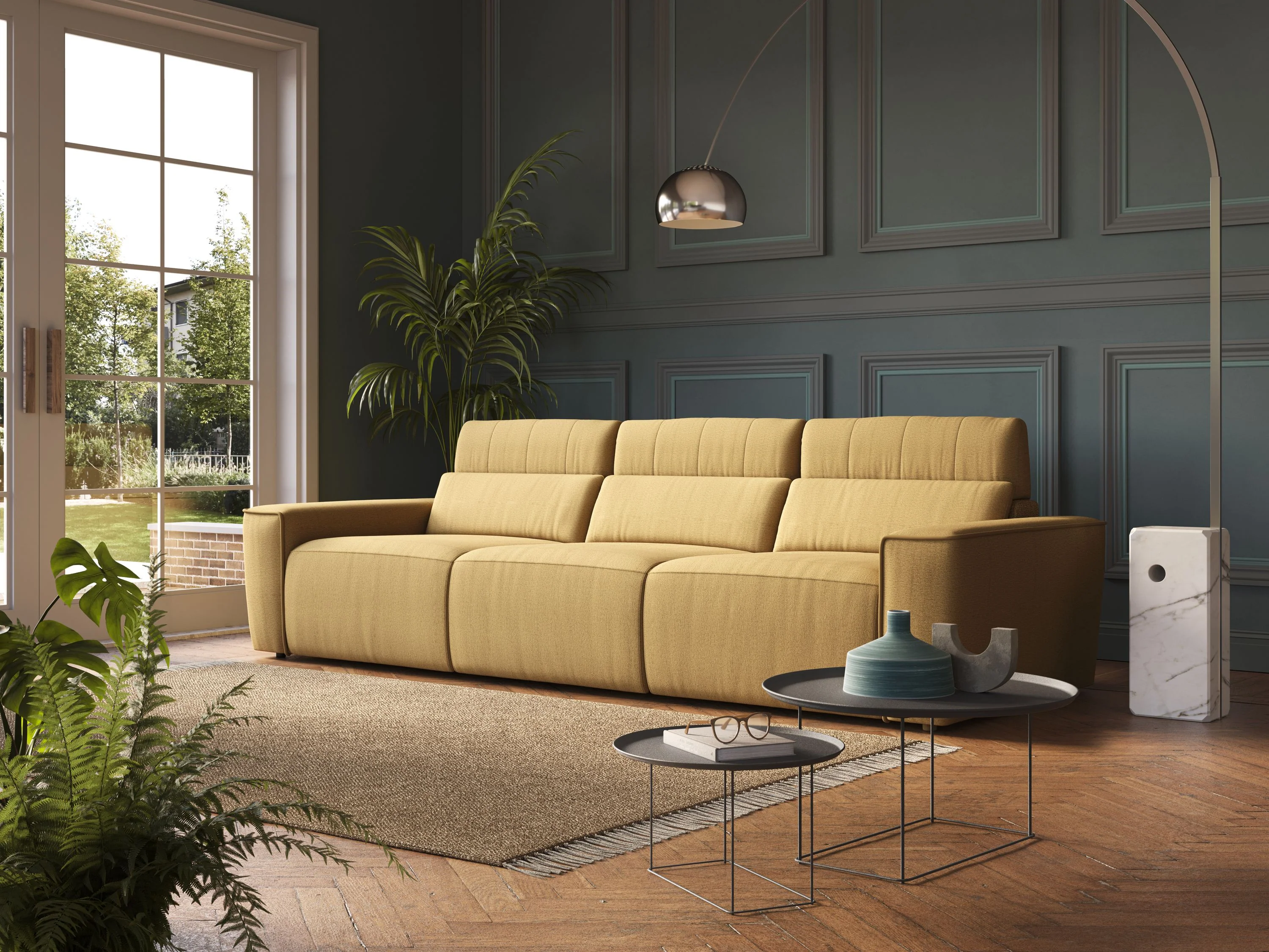 Clark Canapé modulable avec 3 assises et avec option relax électrique en tissu imperméable et détachable T17 jaune - Image 3