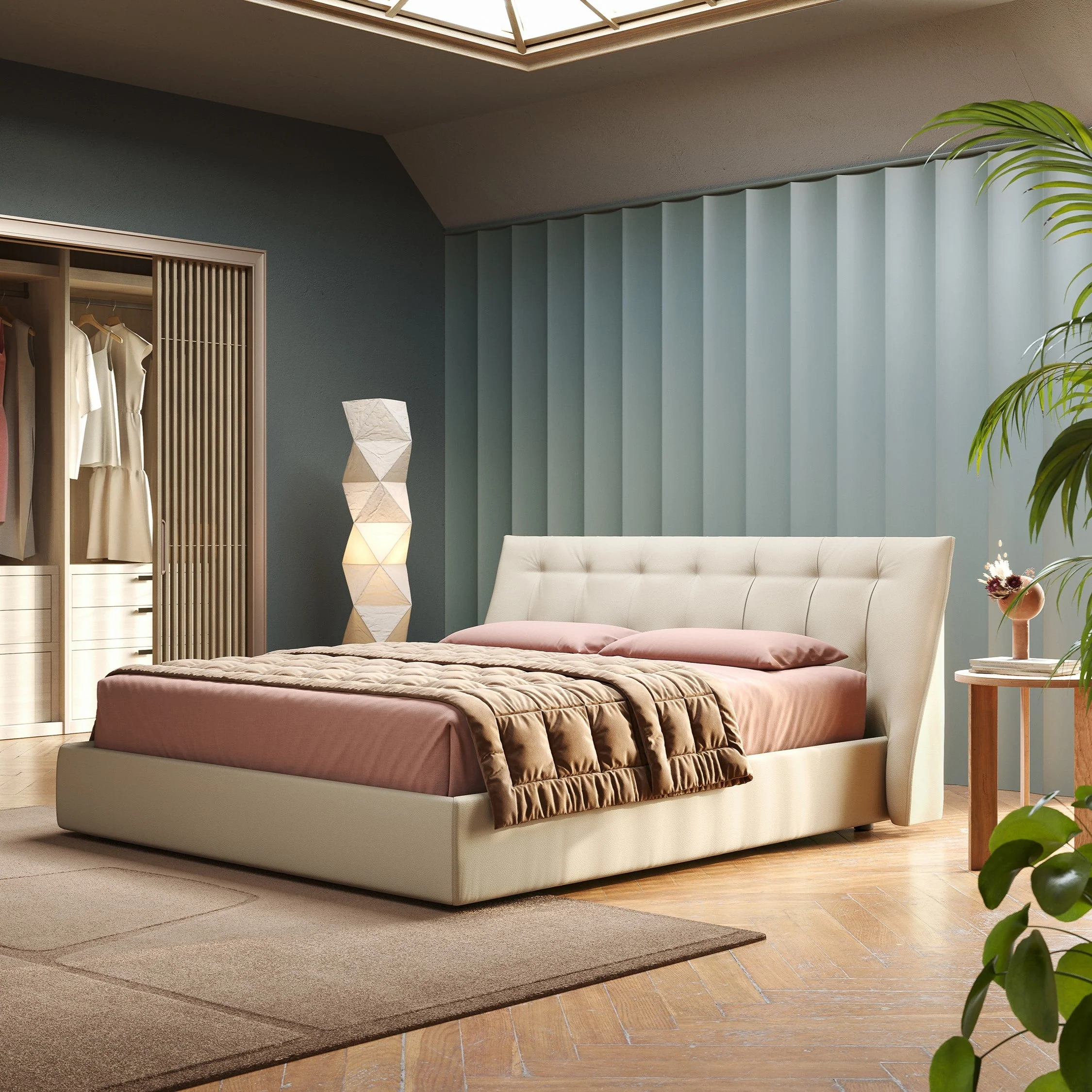 Clizia Lit de design avec coffre de rangement en simili-cuir imperméable T04 crème - Image 2