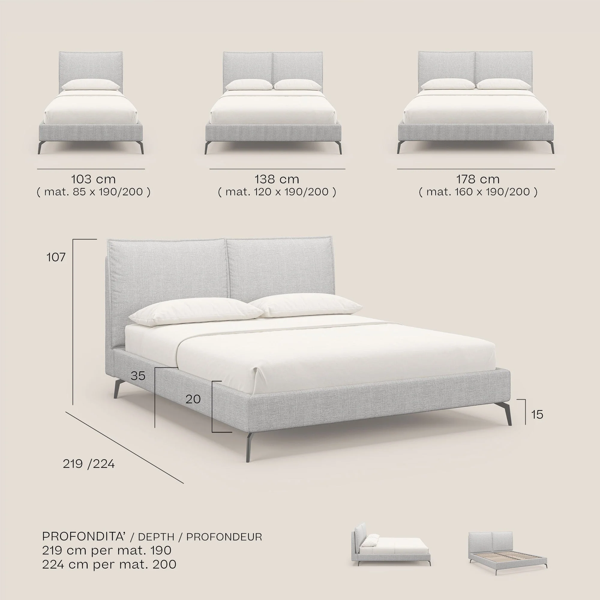 Cloe lit rembourré avec pieds en métal déhoussable en tissu imperméable T06 Taupe tortora - Image 9