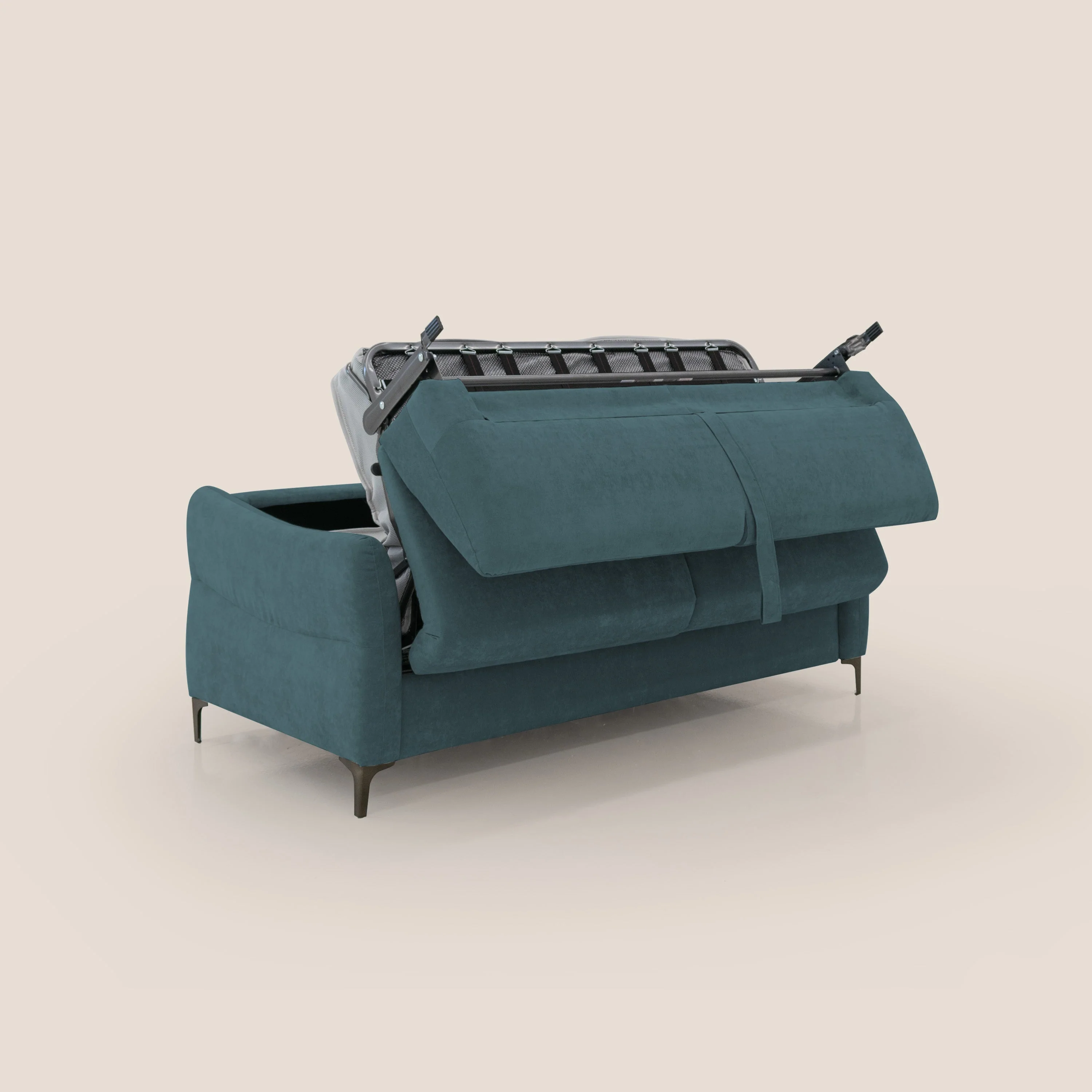 Dalia canapé convertible avec matelas H 18cm et pieds hauts en tissu détachable raffiné T17 bleu canard - Image 3