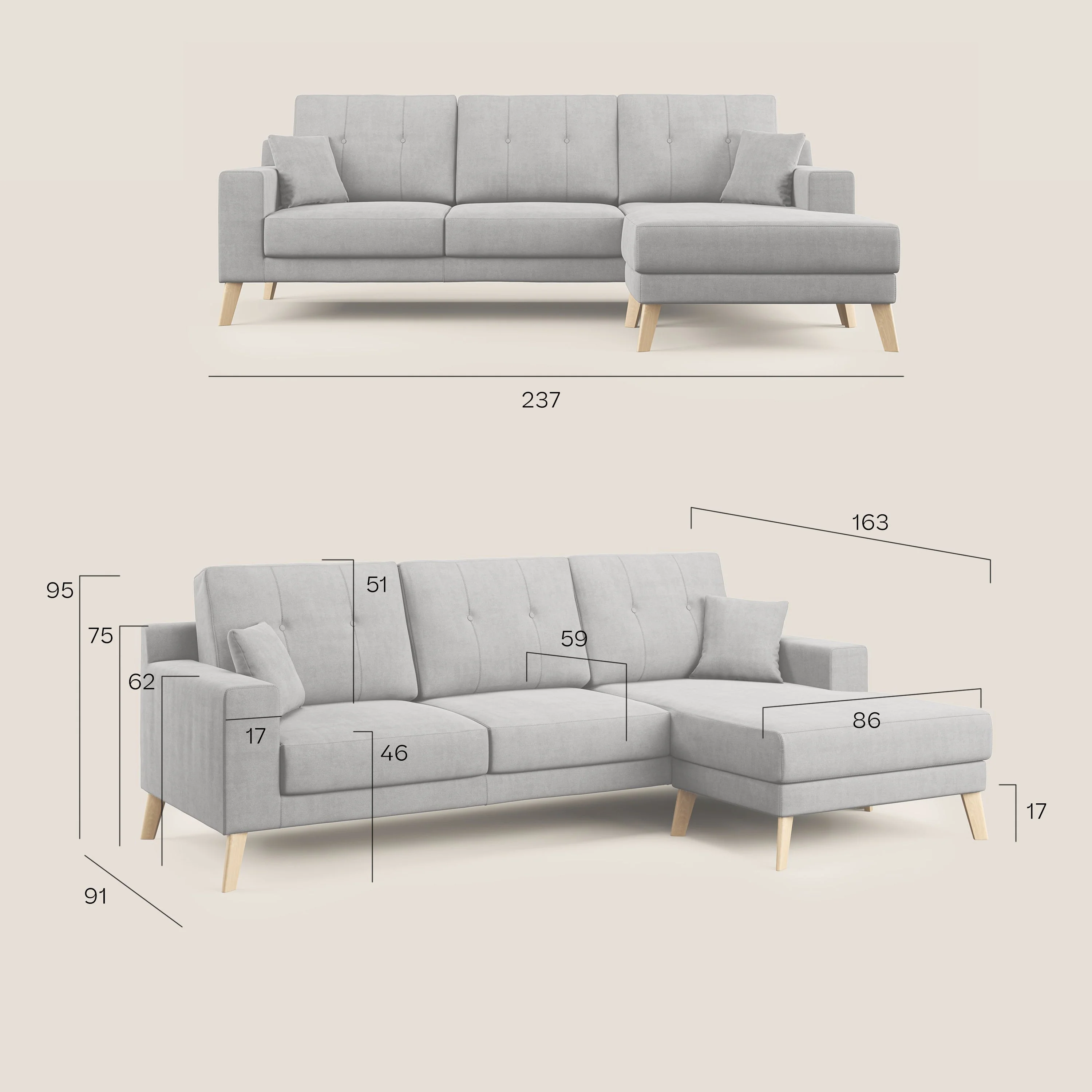 Danish canapé d'angle moderne reversible en tissu doux imperméable T02 gris clair - Image 9
