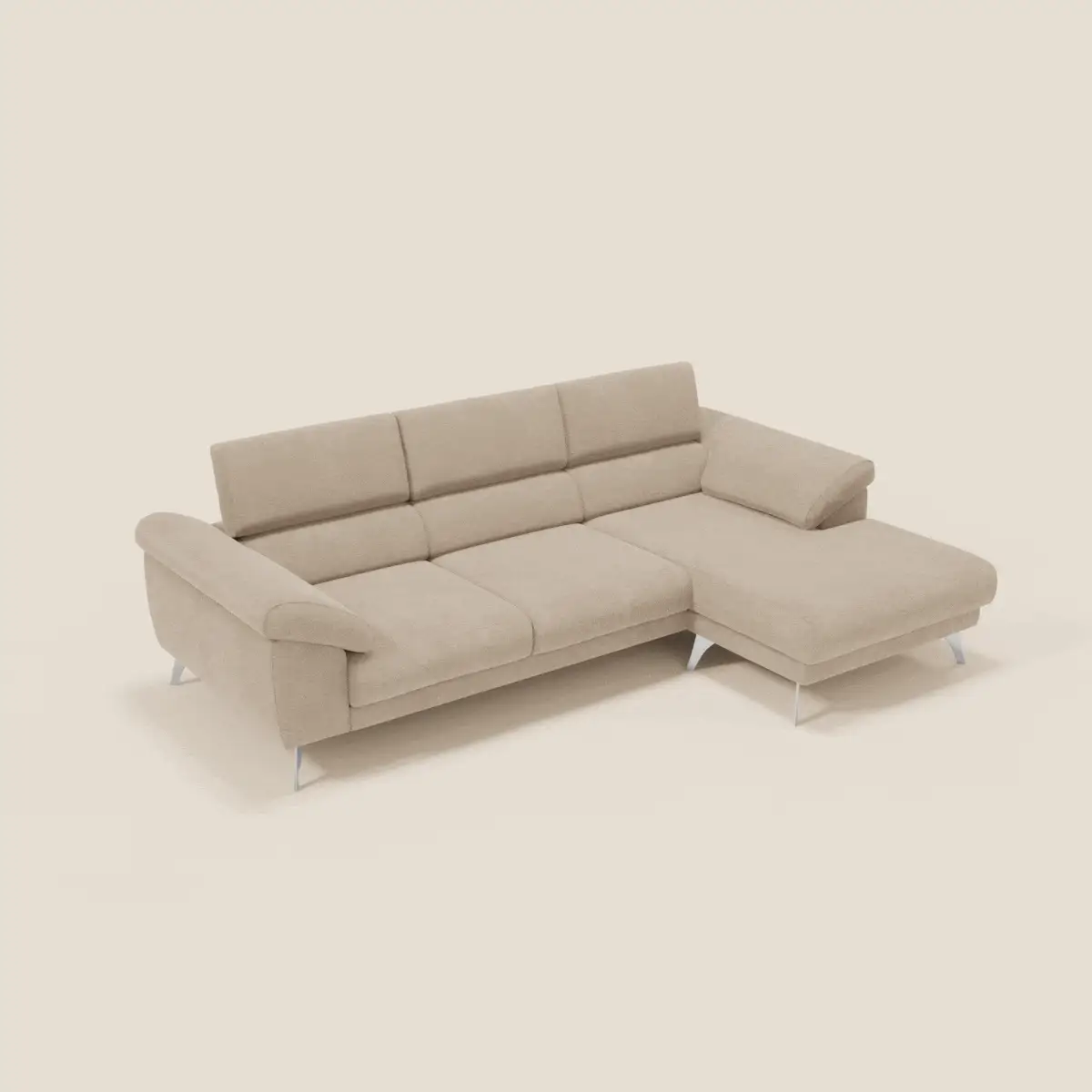 Donatello Canapé d'angle avec assises extensibles accoudoirs avec coffre et têtières en tissu détachable T23 beige