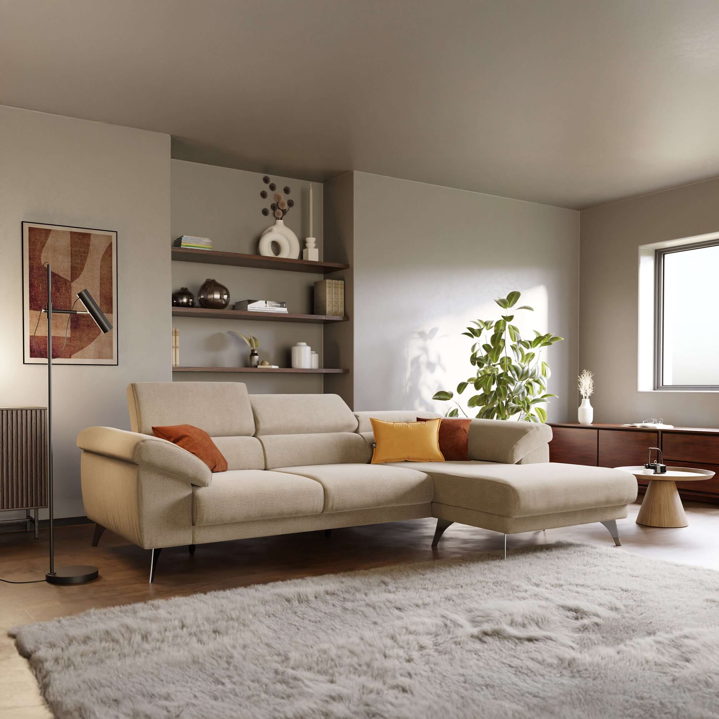 Donatello Canapé d'angle avec assises extensibles accoudoirs avec coffre et têtières en tissu détachable T23 beige - Image 11