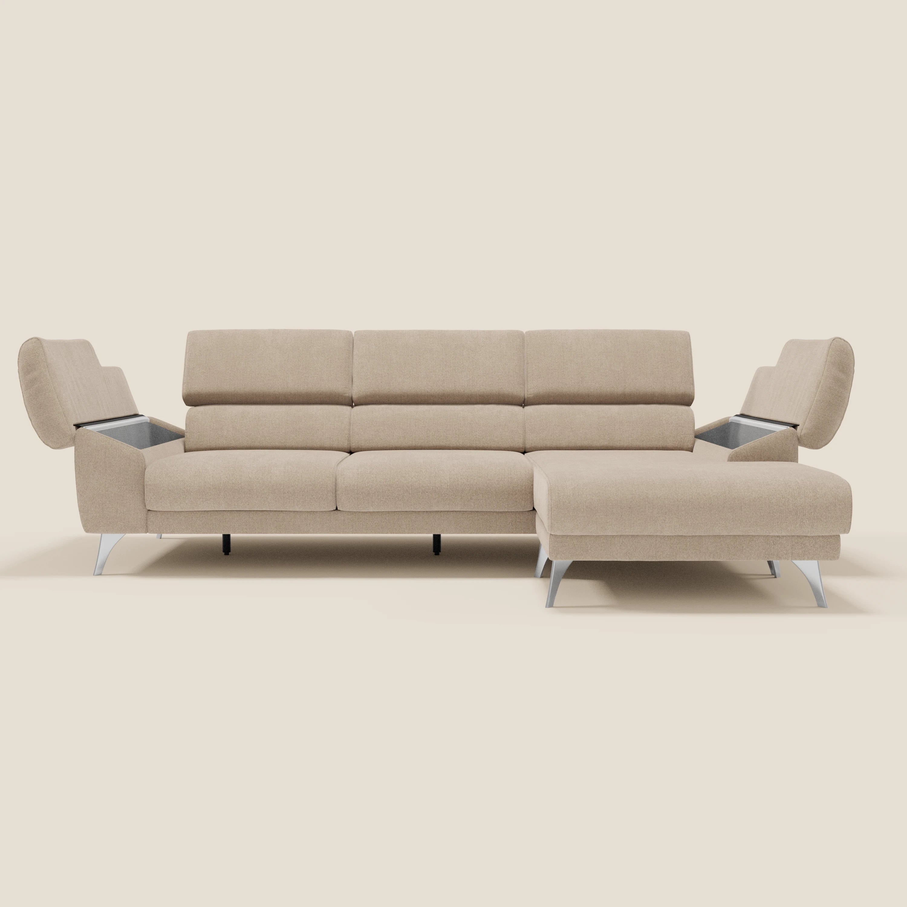 Donatello Canapé d'angle avec assises extensibles accoudoirs avec coffre et têtières en tissu détachable T23 beige - Image 14