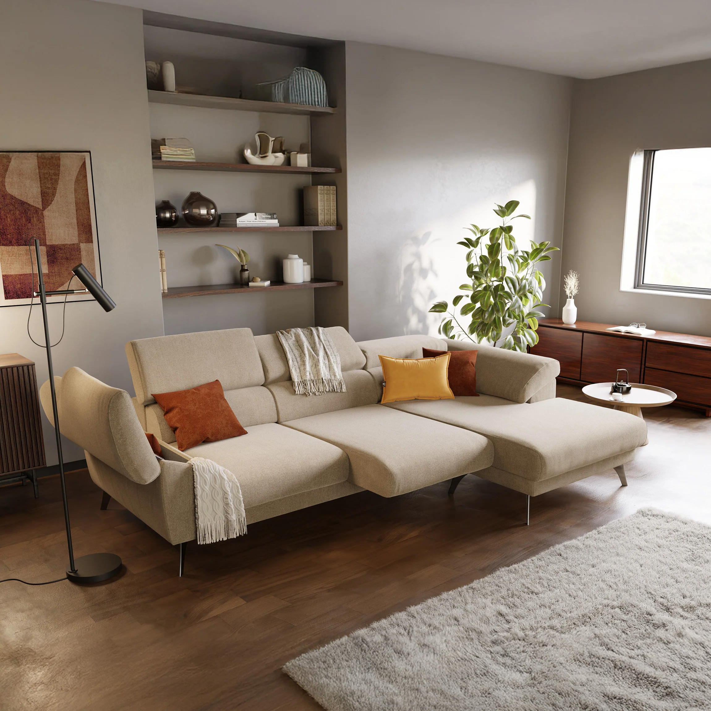 Donatello Canapé d'angle avec assises extensibles accoudoirs avec coffre et têtières en tissu détachable T23 beige - Image 2