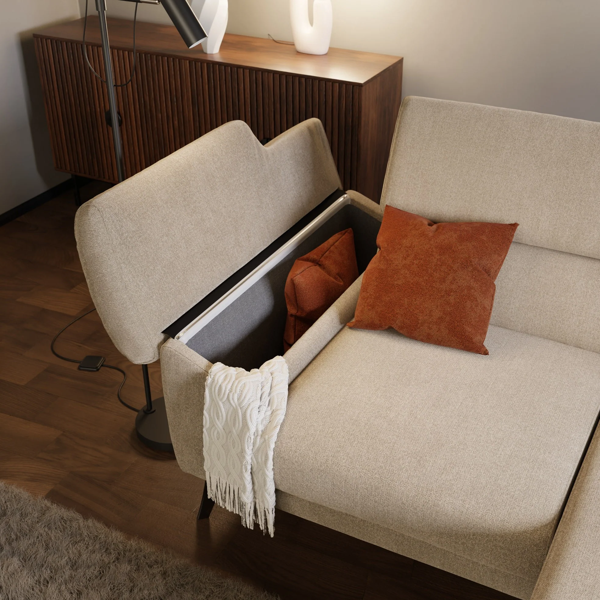 Donatello Canapé d'angle avec assises extensibles accoudoirs avec coffre et têtières en tissu détachable T23 beige - Image 3