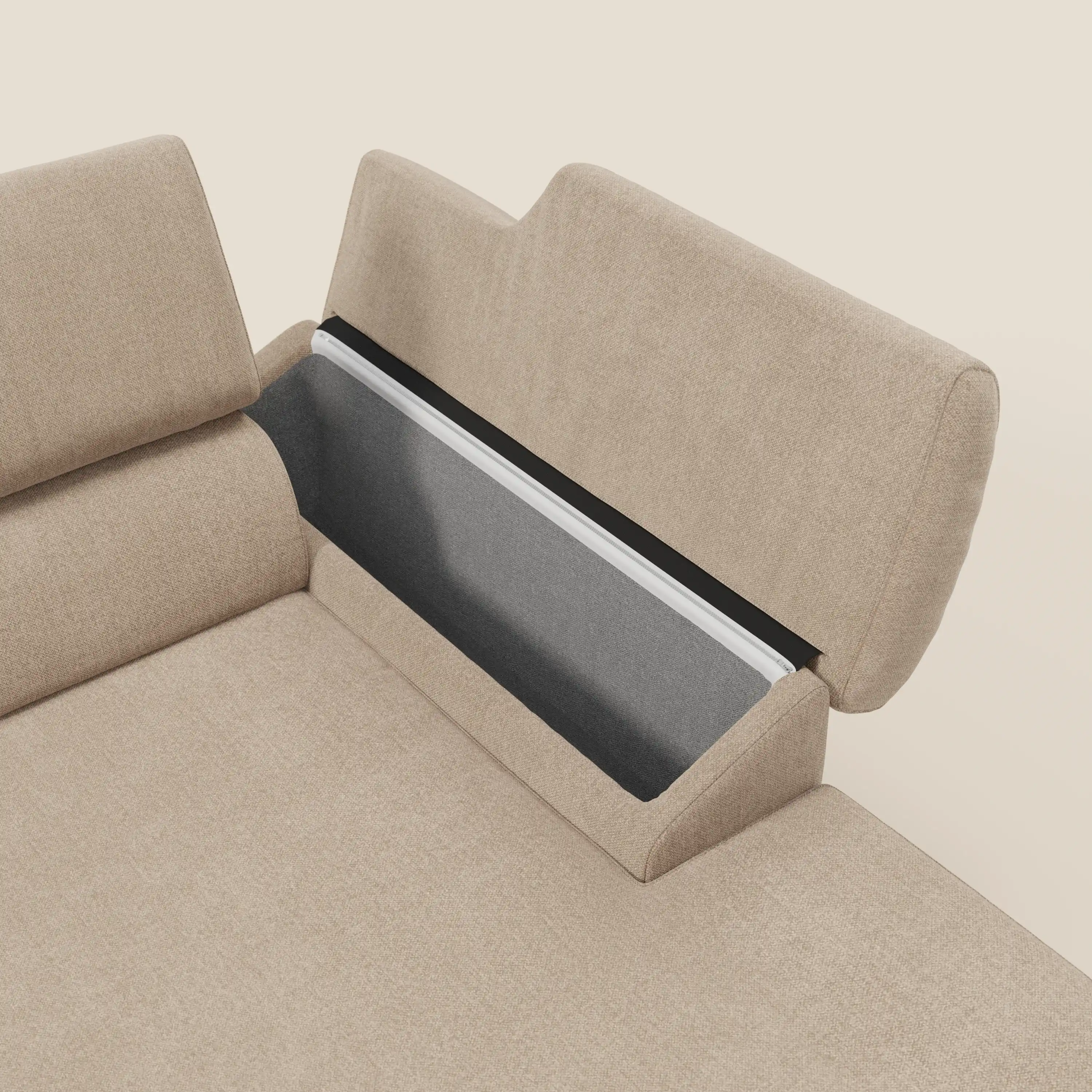 Donatello Canapé d'angle avec assises extensibles accoudoirs avec coffre et têtières en tissu détachable T23 beige - Image 8
