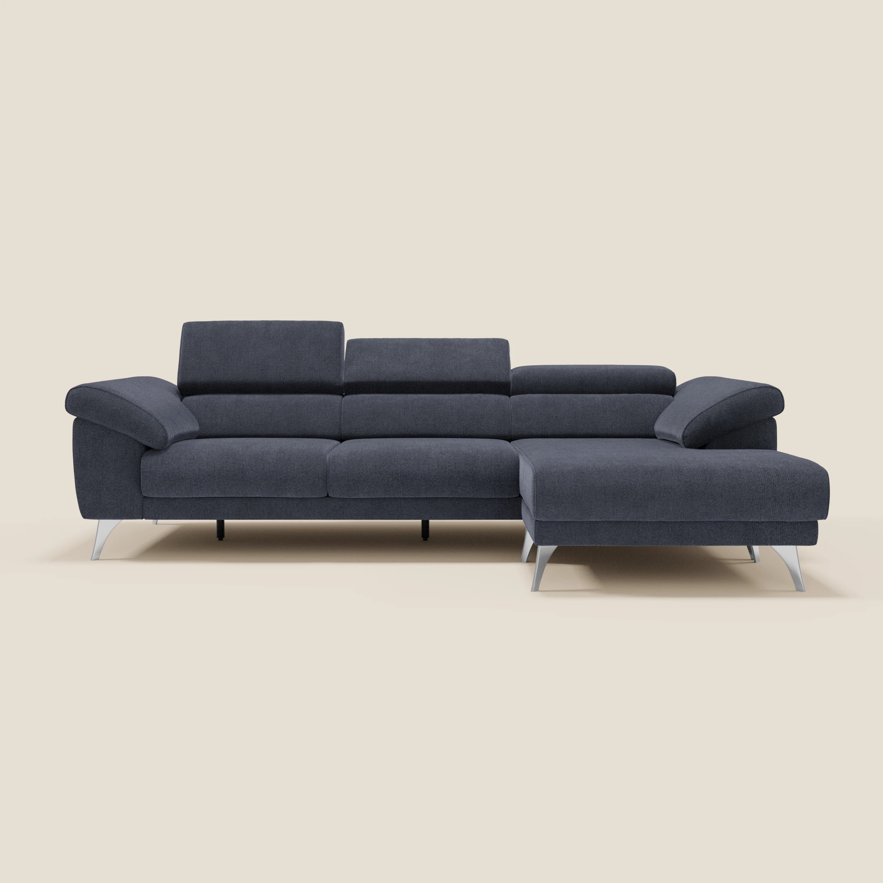 Donatello Canapé d'angle avec assises extensibles accoudoirs avec coffre et têtières en tissu détachable T23 bleu ardoise