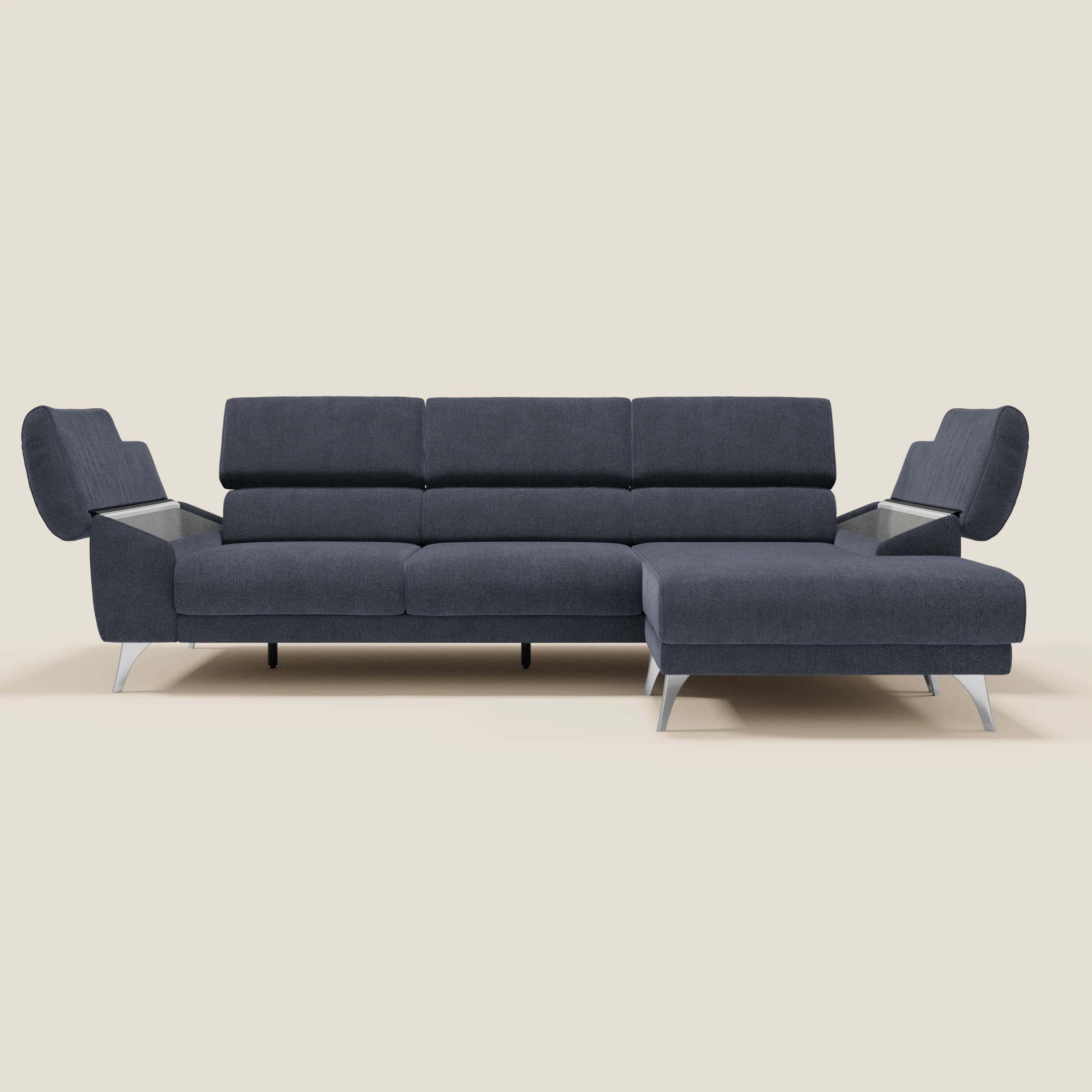 Donatello Canapé d'angle avec assises extensibles accoudoirs avec coffre et têtières en tissu détachable T23 bleu ardoise - Image 10