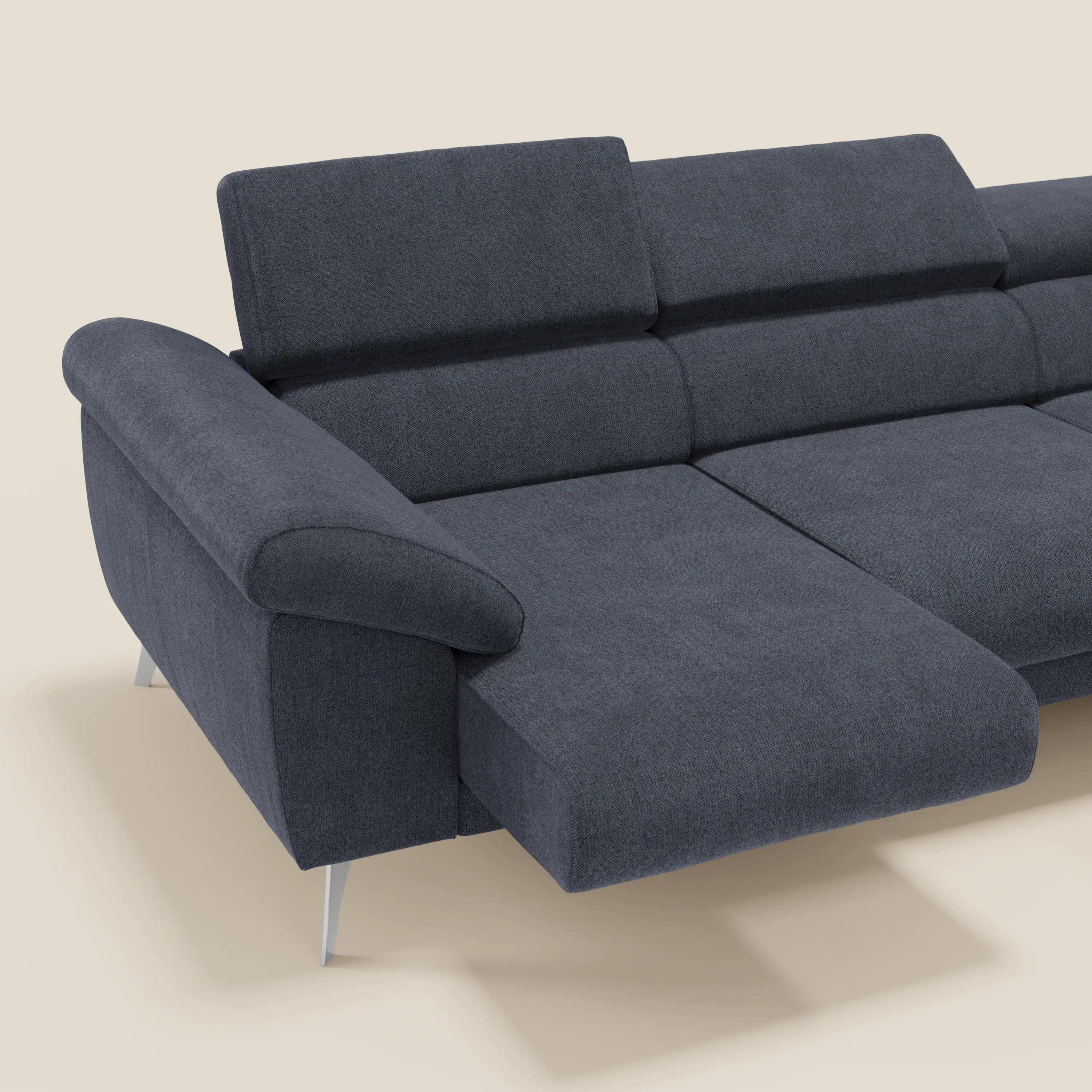 Donatello Canapé d'angle avec assises extensibles accoudoirs avec coffre et têtières en tissu détachable T23 bleu ardoise - Image 4
