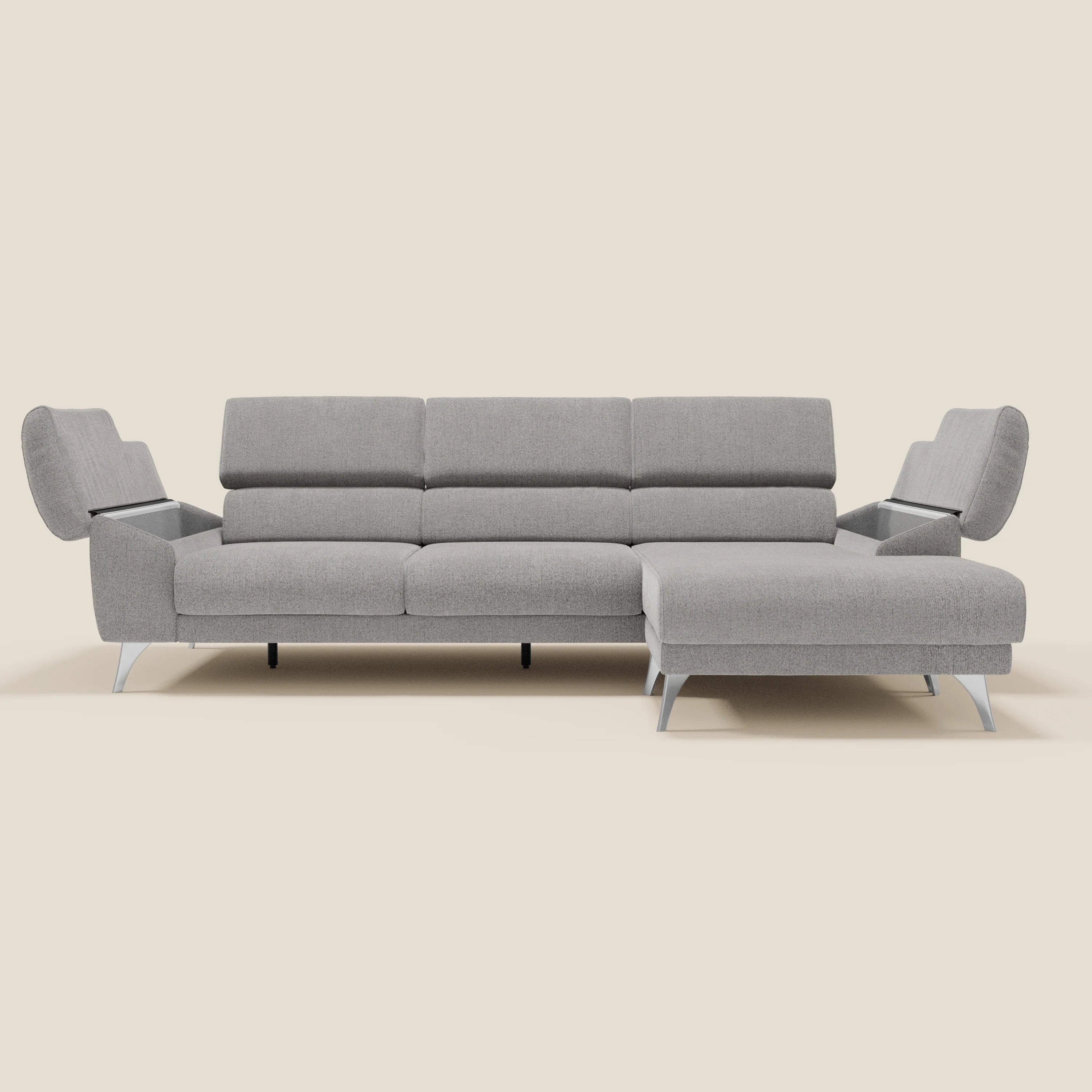 Donatello Canapé d'angle avec assises extensibles accoudoirs avec coffre et têtières en tissu détachable T23 gris - Image 10