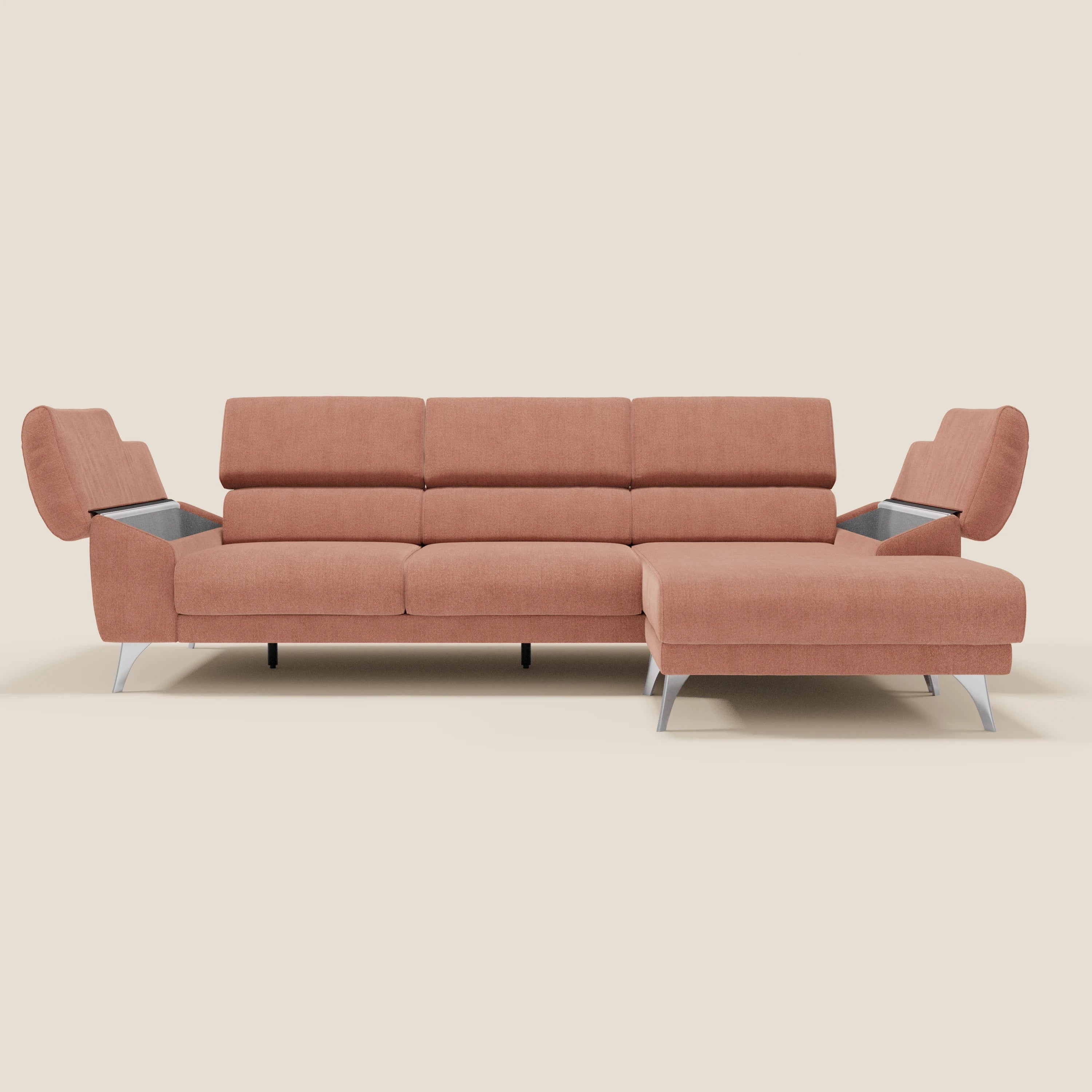Donatello Canapé d'angle avec assises extensibles accoudoirs avec coffre et têtières en tissu détachable T23 pêche - Image 10