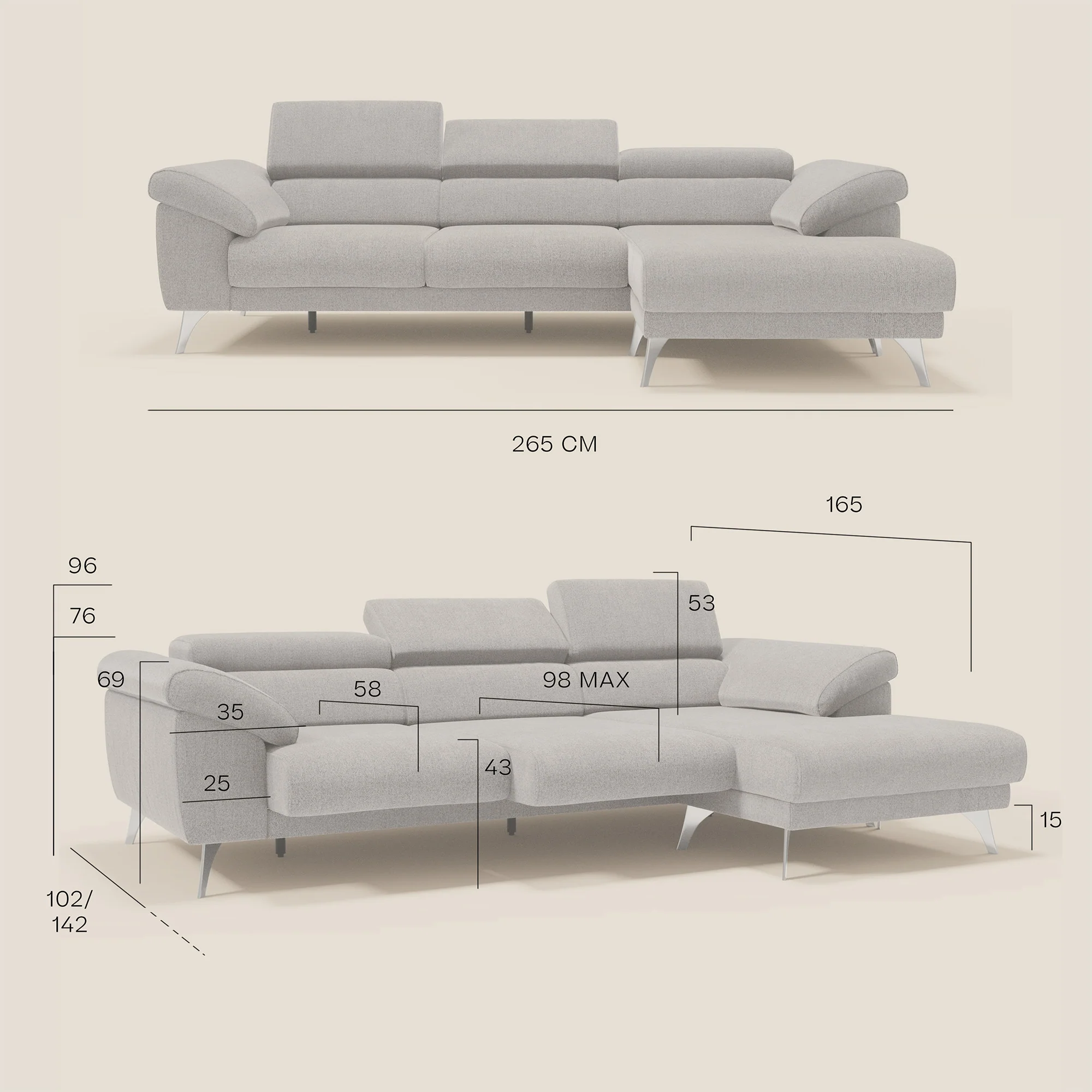 Donatello Canapé d'angle avec assises extensibles accoudoirs avec coffre et têtières en tissu détachable T23 pêche - Image 13