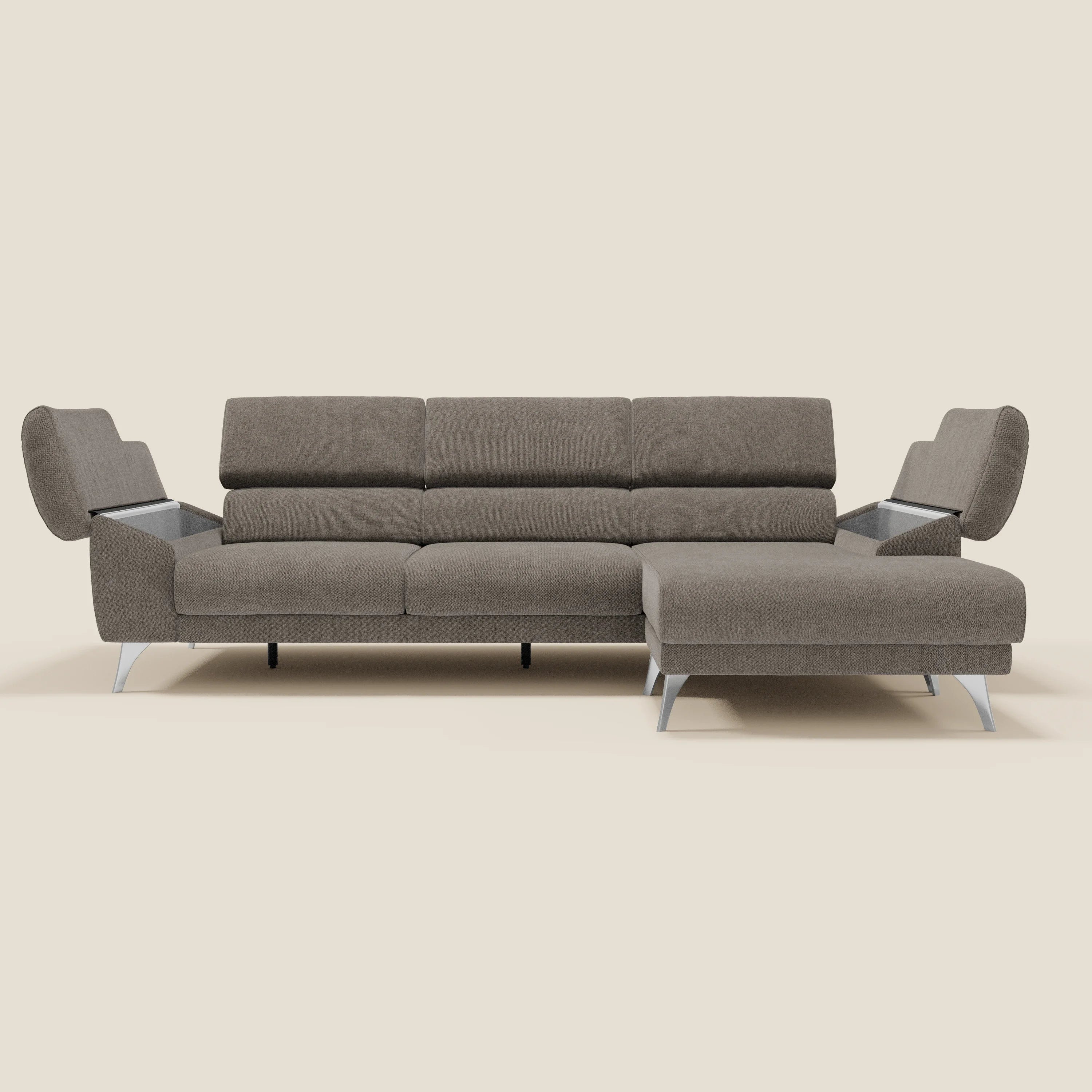 Donatello Canapé d'angle avec assises extensibles accoudoirs avec coffre et têtières en tissu détachable T23 taupe - Image 10