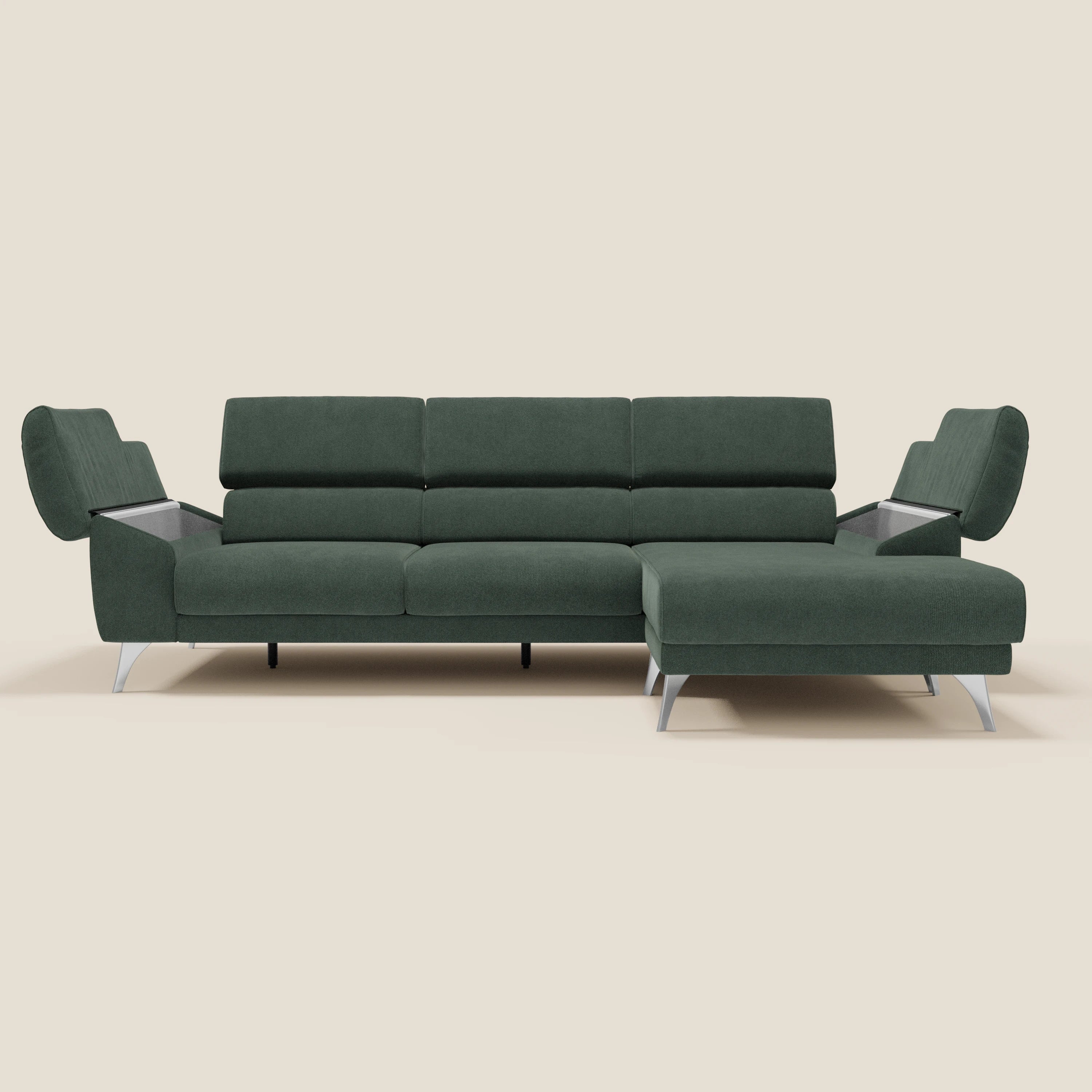 Donatello Canapé d'angle avec assises extensibles accoudoirs avec coffre et têtières en tissu détachable T23 vert - Image 10