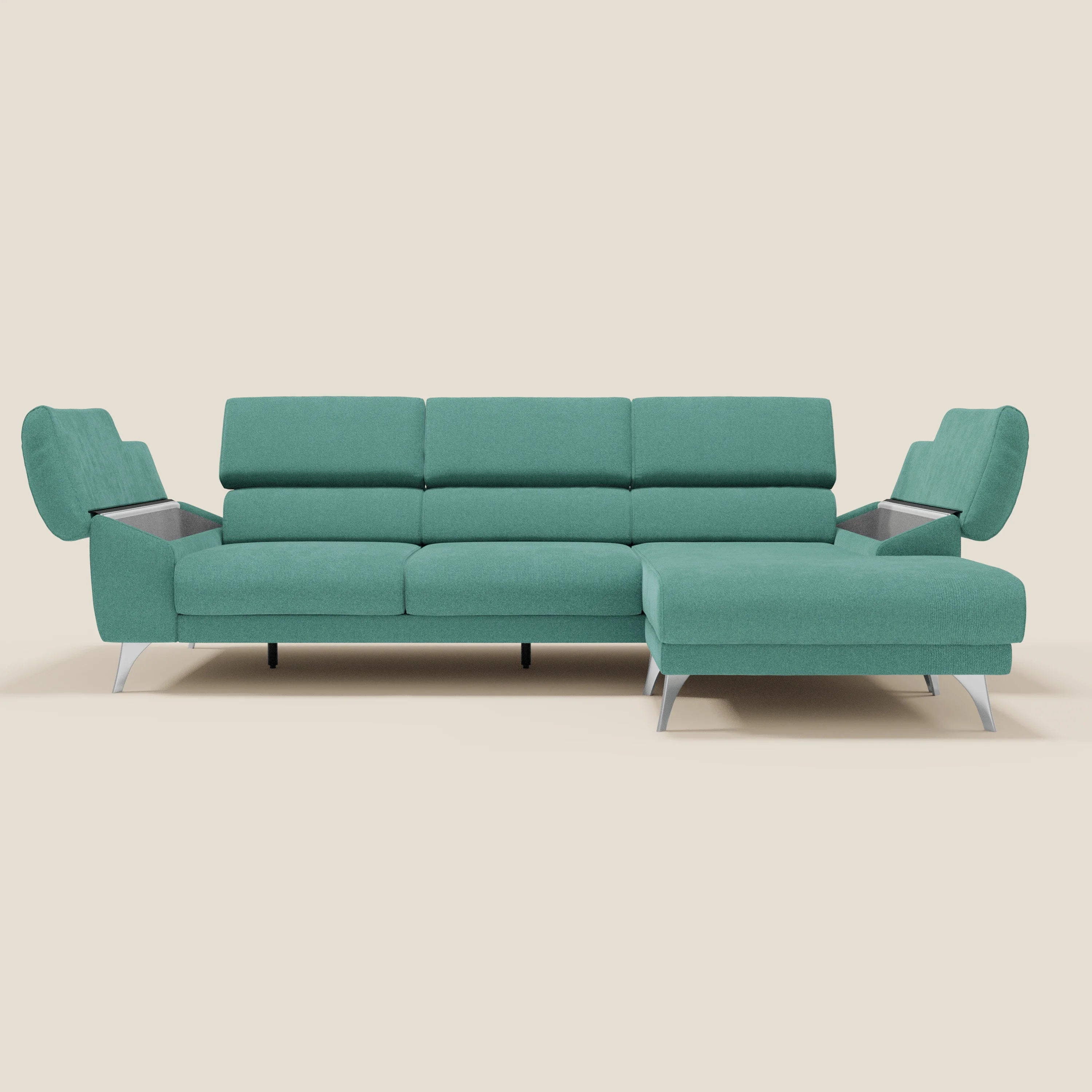 Donatello Canapé d'angle avec assises extensibles accoudoirs avec coffre et têtières en tissu détachable T23 vert aquamarine - Image 10