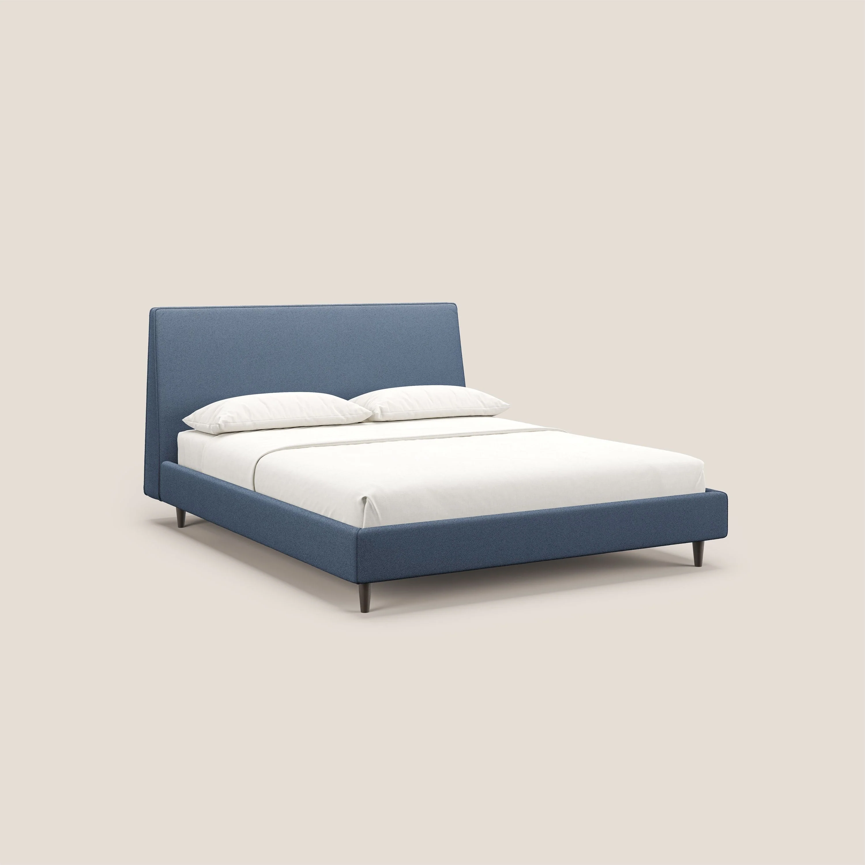 Dorotea lit rembourré avec pieds bois et tissu bouclette douce imperméable T07 bleu