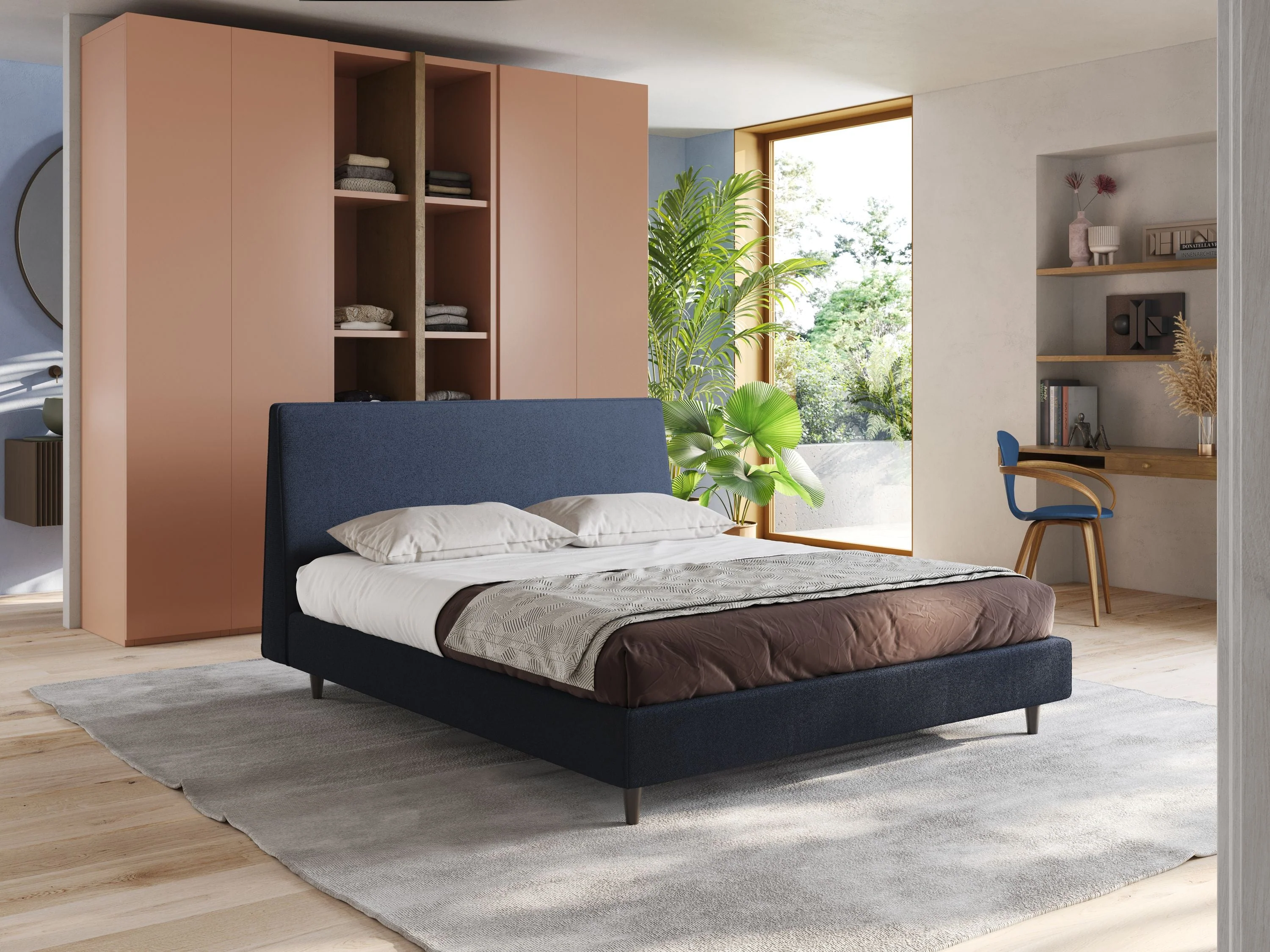 Dorotea lit rembourré avec pieds bois et tissu bouclette douce imperméable T07 bleu - Image 2