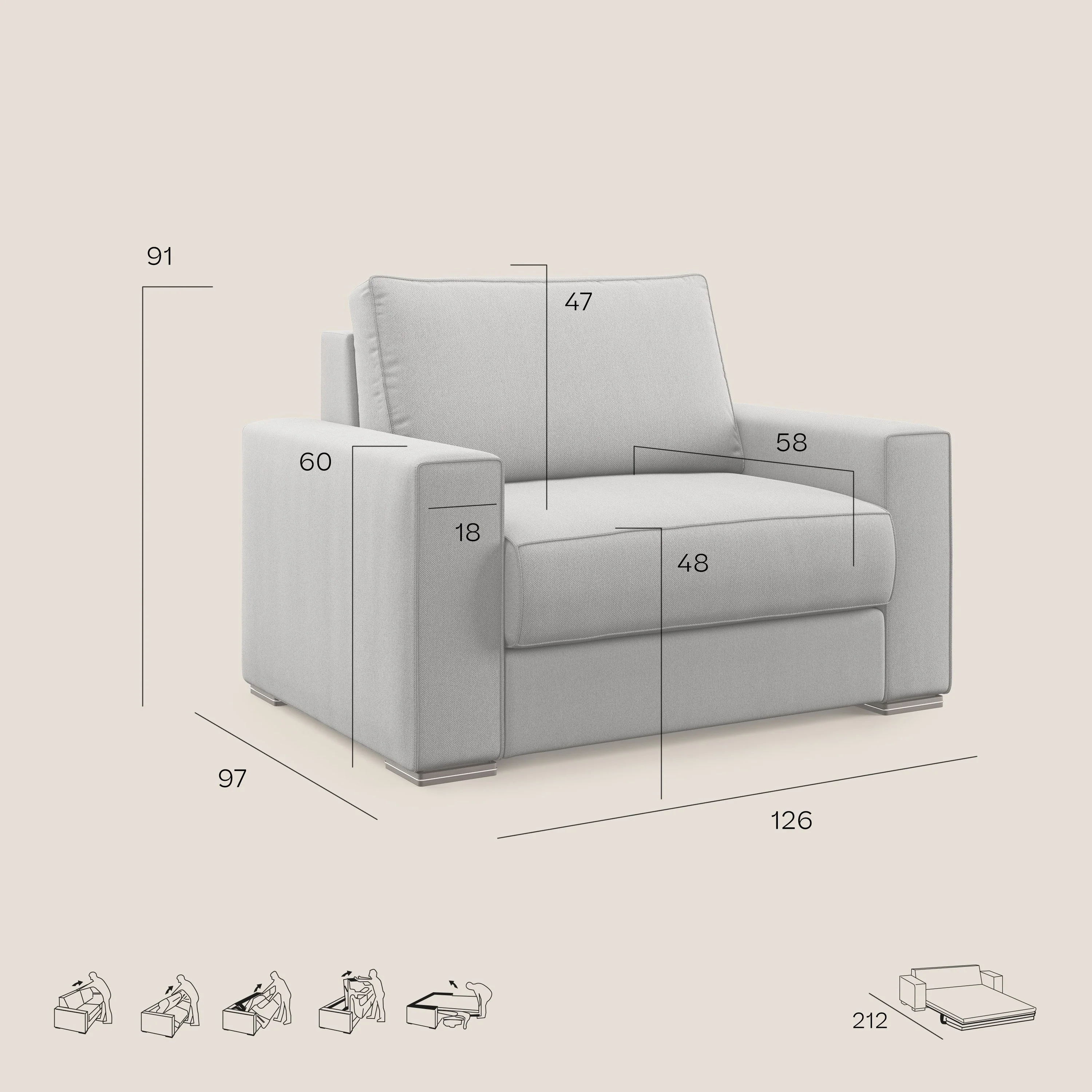 Dream fauteuil convertible en tissu détachable T05 crème - Image 9