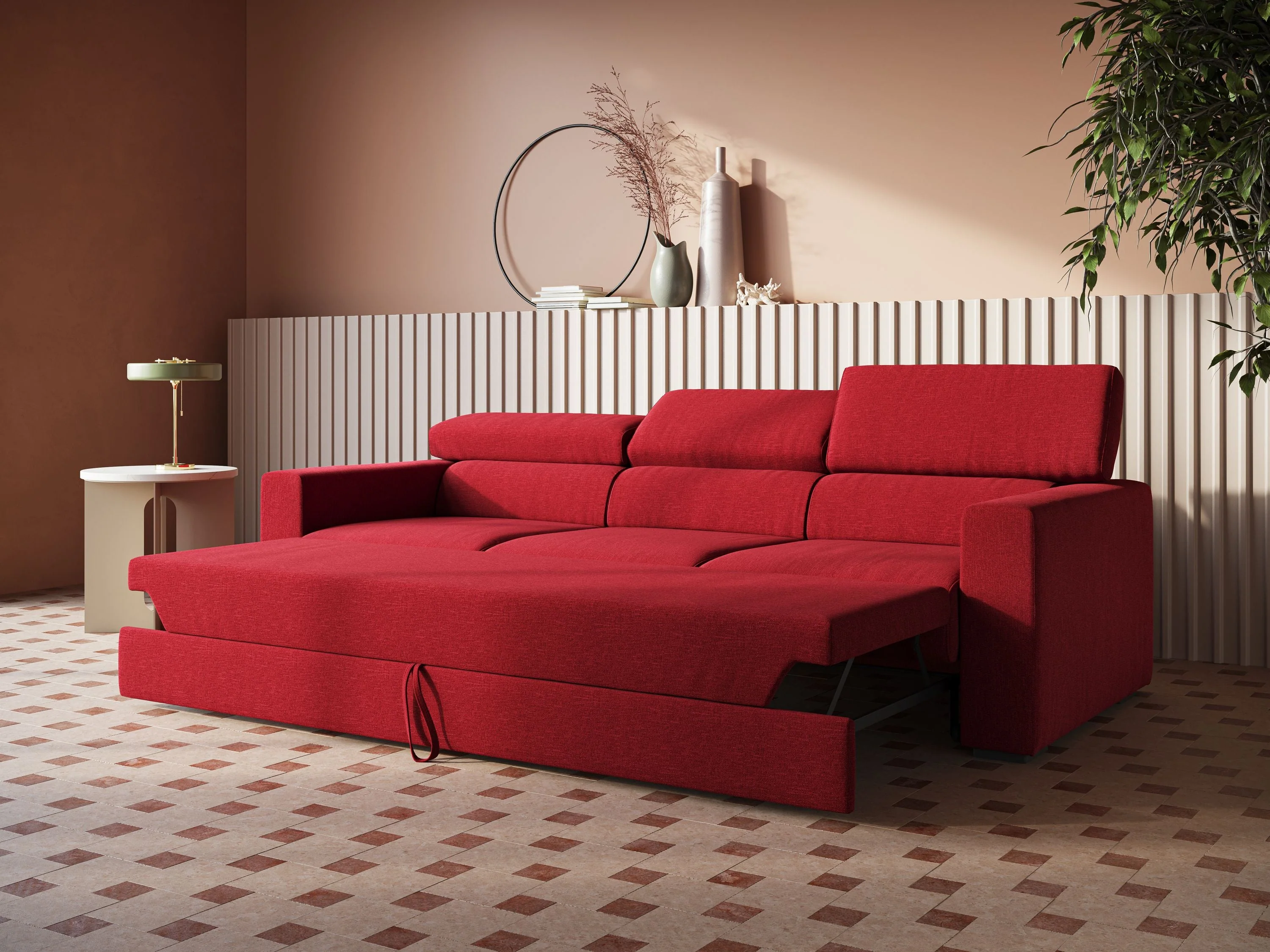 Dylan canapé avec pouf extractible à 3 assises en tissu effet coton imperméable T13 rouge - Image 2