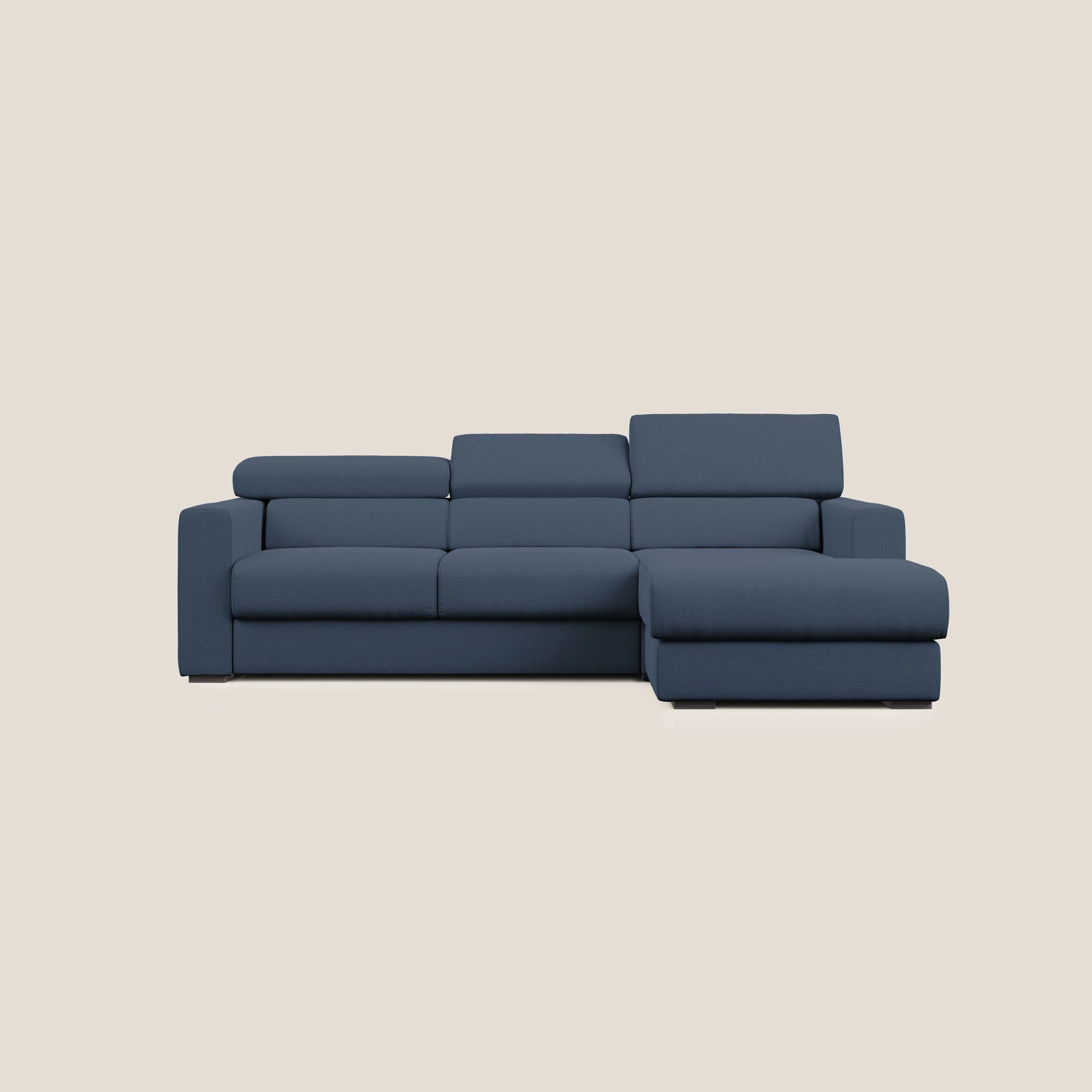Dylan canapé d'angle avec méridienne et pouf extractible en tissu flammé effet coton imperméable T19 bleu