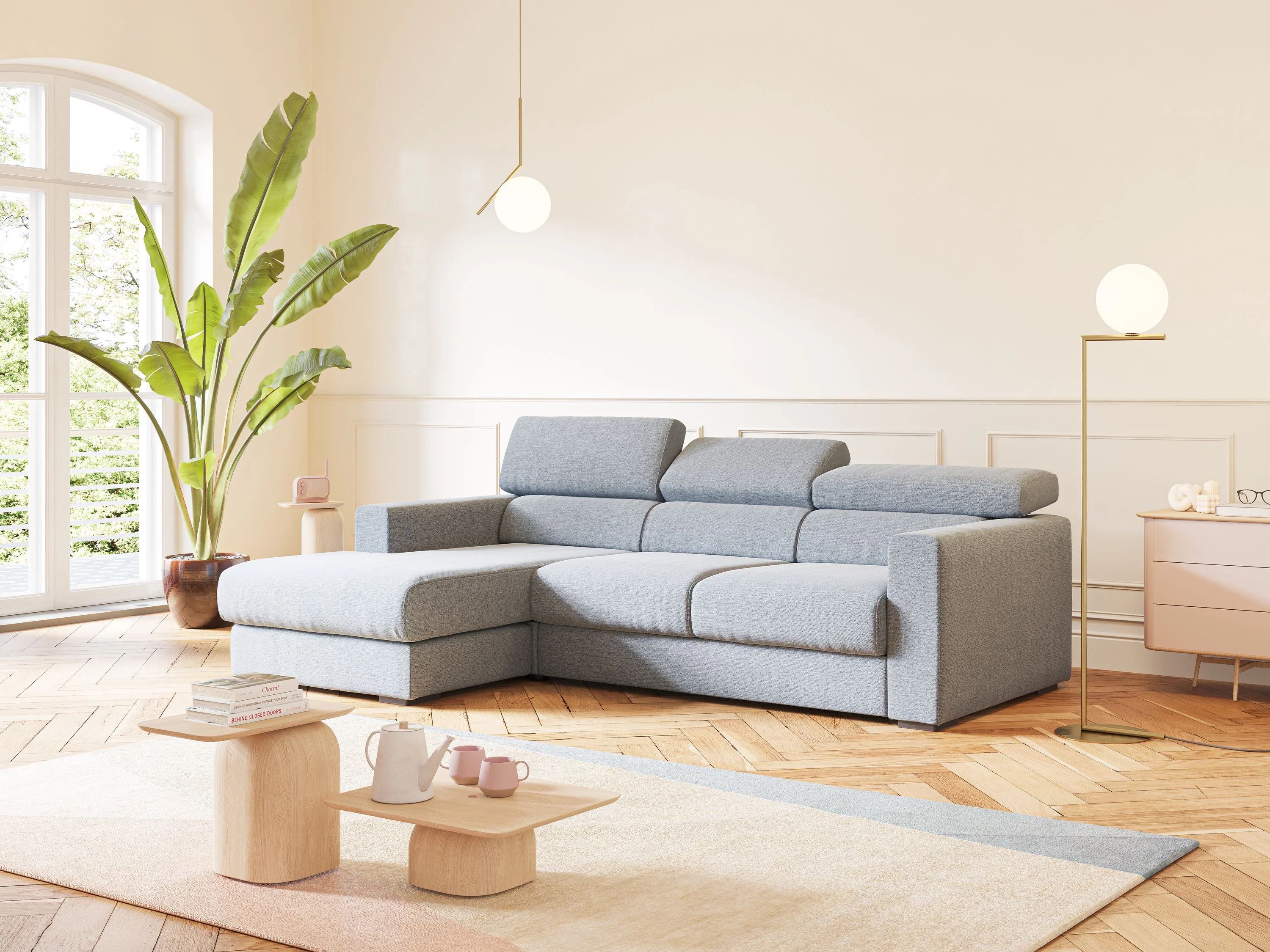 Dylan canapé d'angle avec méridienne et pouf extractible en tissu flammé effet coton imperméable T19 bleu pastel - Image 3