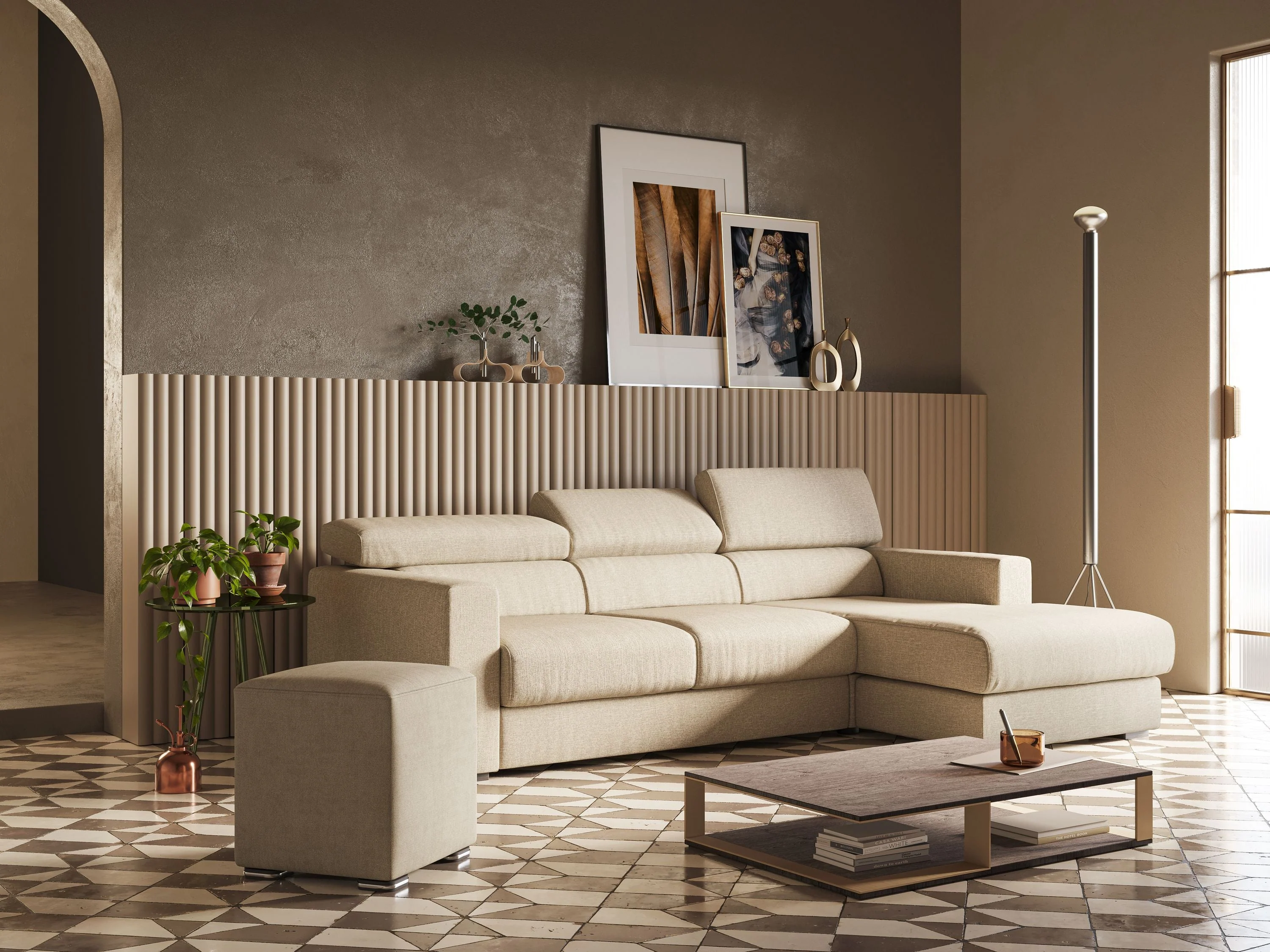 Dylan canapé d'angle avec méridienne et pouf extractible en tissu imperméable T13 beige - Image 3