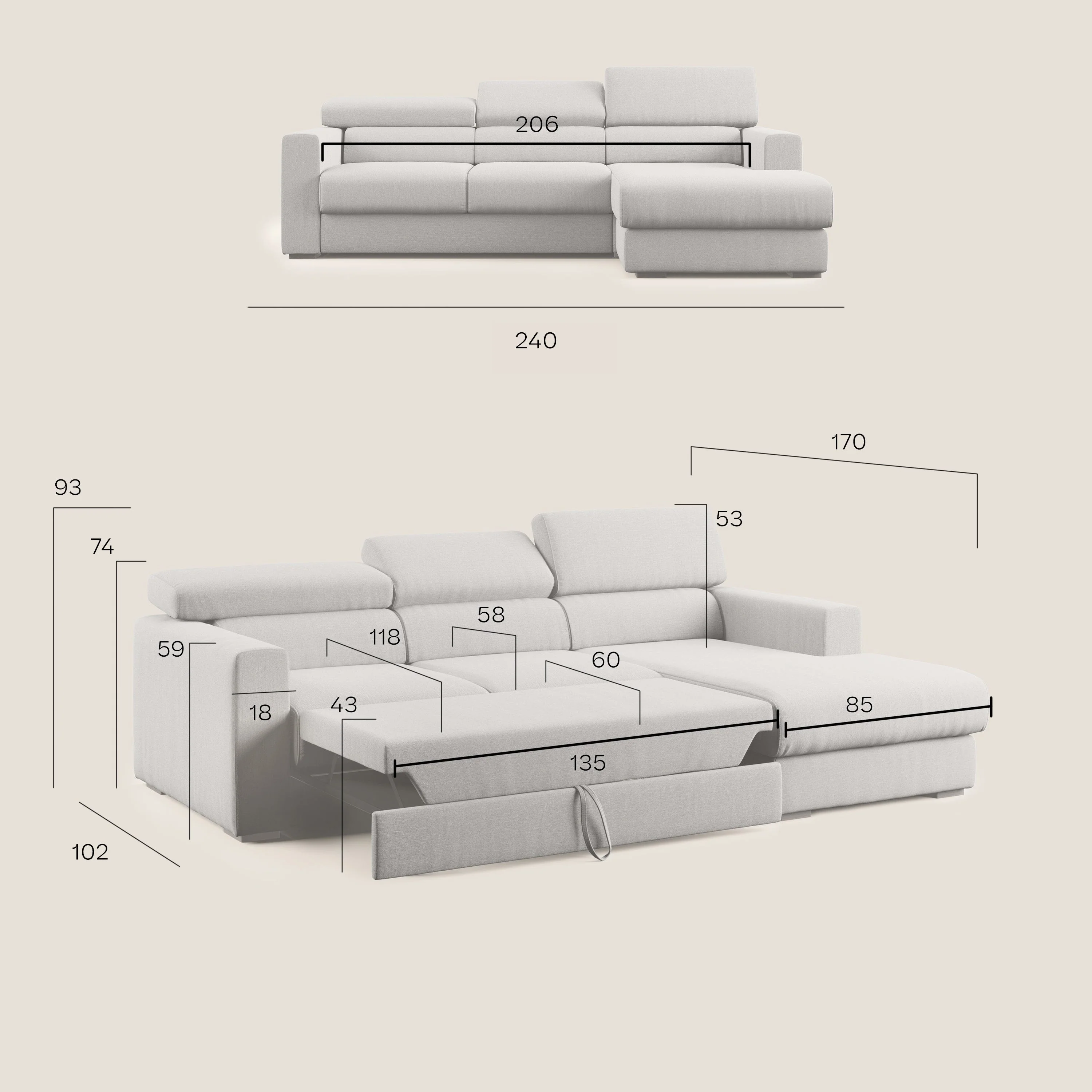 Dylan canapé d'angle avec méridienne et pouf extractible en tissu imperméable T13 crÚme - Image 14