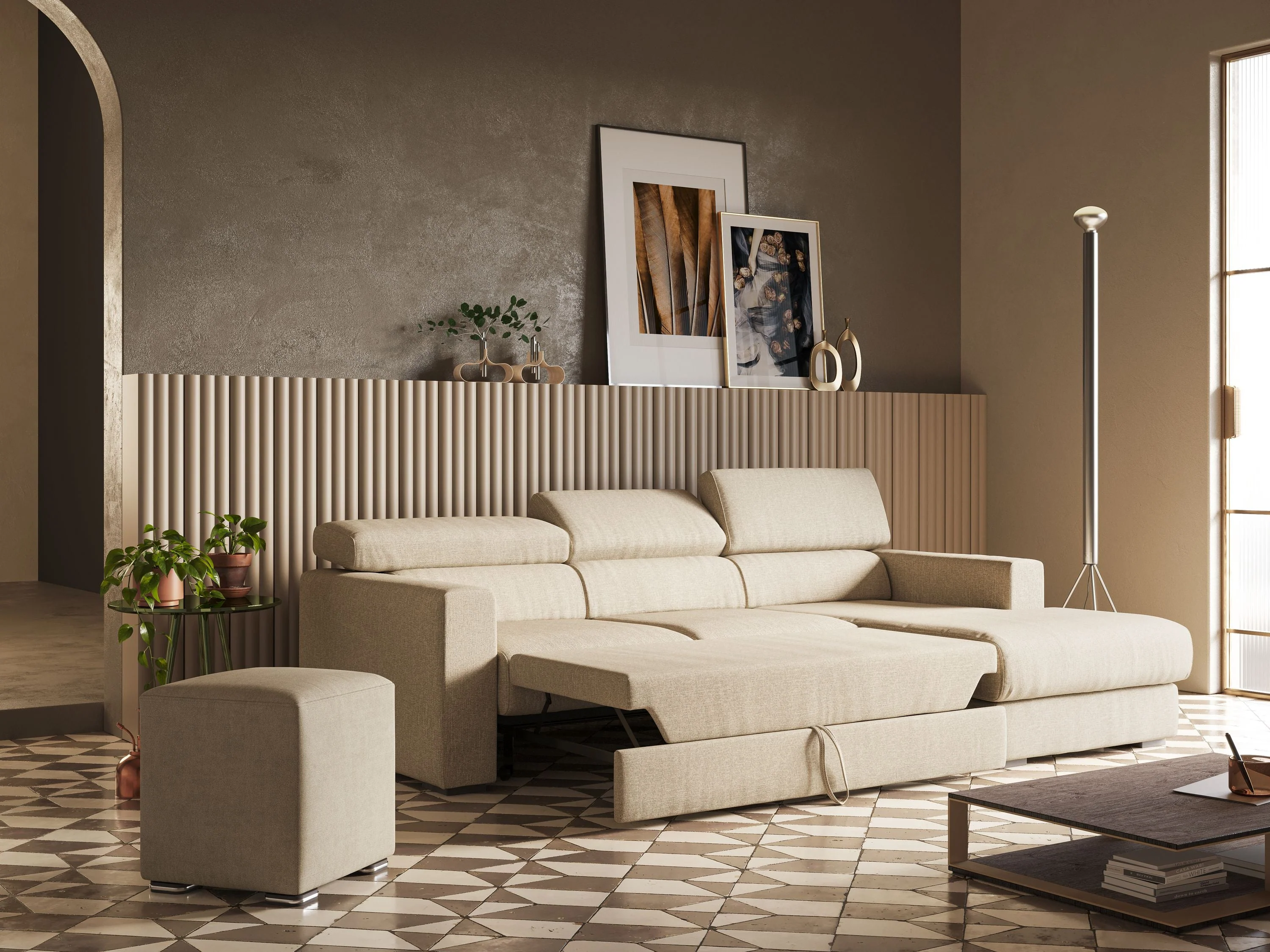 Dylan canapé d'angle avec méridienne et pouf extractible en tissu imperméable T13 crÚme - Image 2