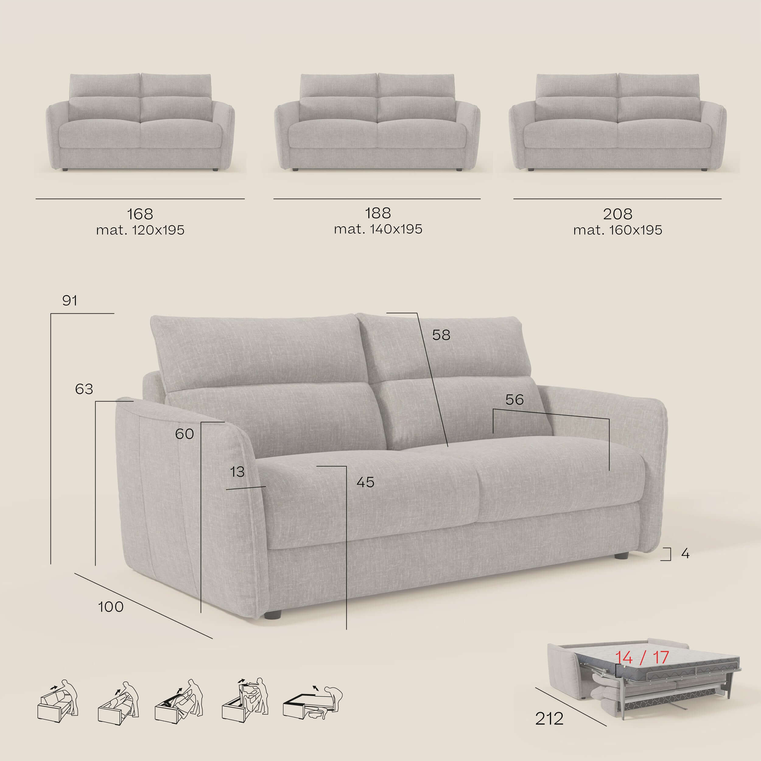 Elios Canapé convertible avec coussins de dossier souples en tissu détachable T24 gris - Image 13