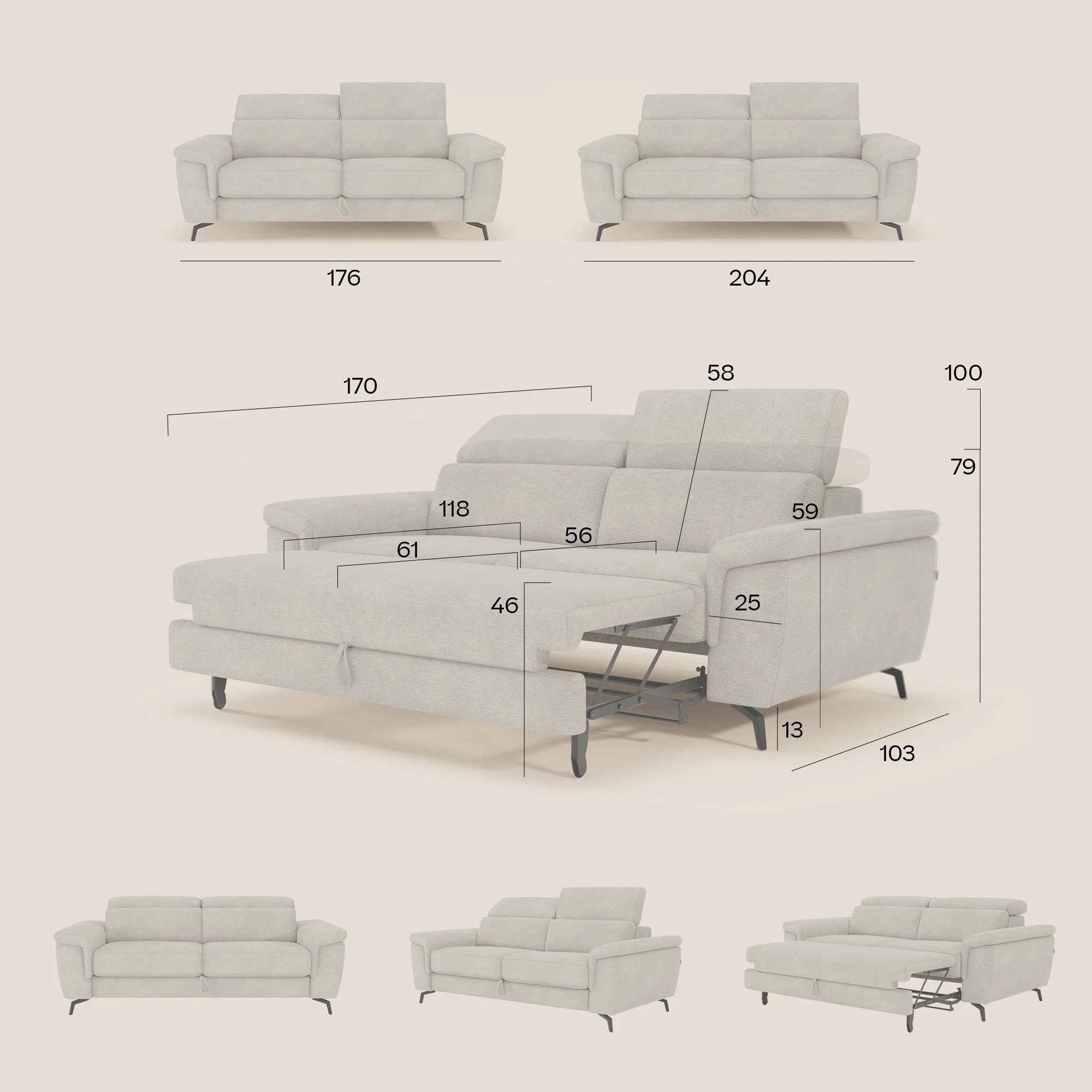 Estro Canapé 3 places avec pouf extractible - têtières inclinables en tissu imperméable T14 crème - Image 12