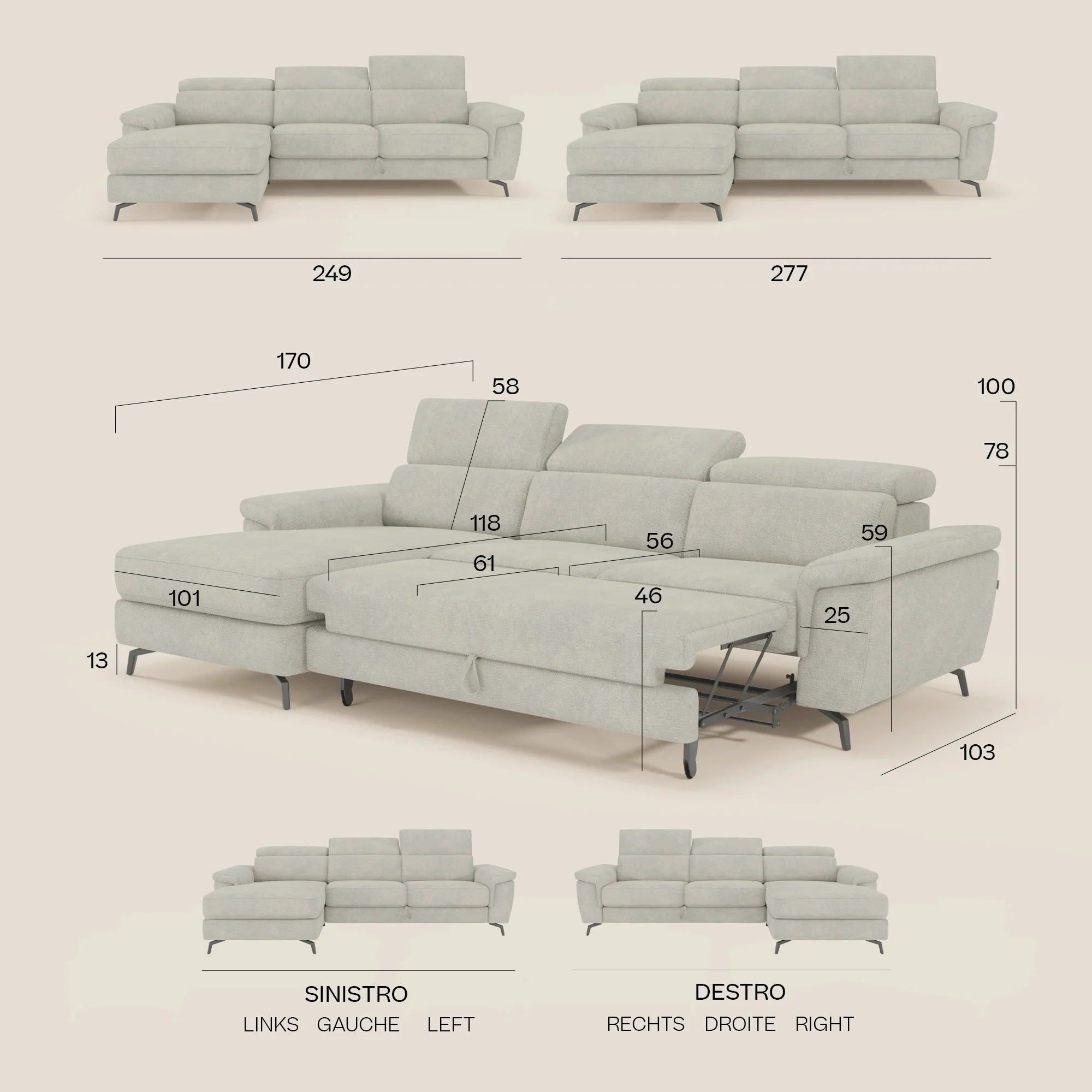 Estro Canapé extractible et chaise longue - têtières inclinables en tissu imperméable T14 beige - Image 15